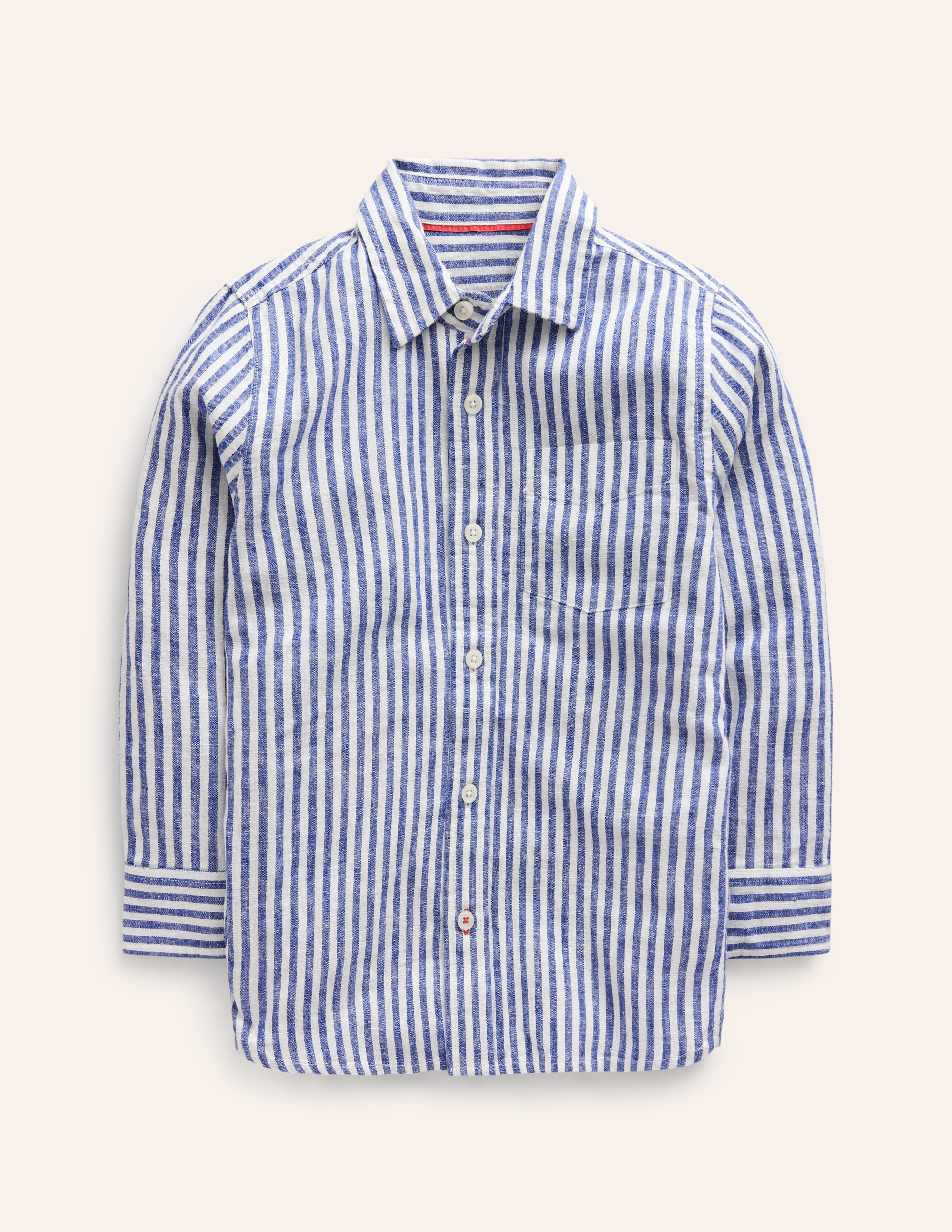 Langärmliges Hemd aus Baumwollleinen-Schuluniform-Marineblau / Naturweiß gestreift - Image 1