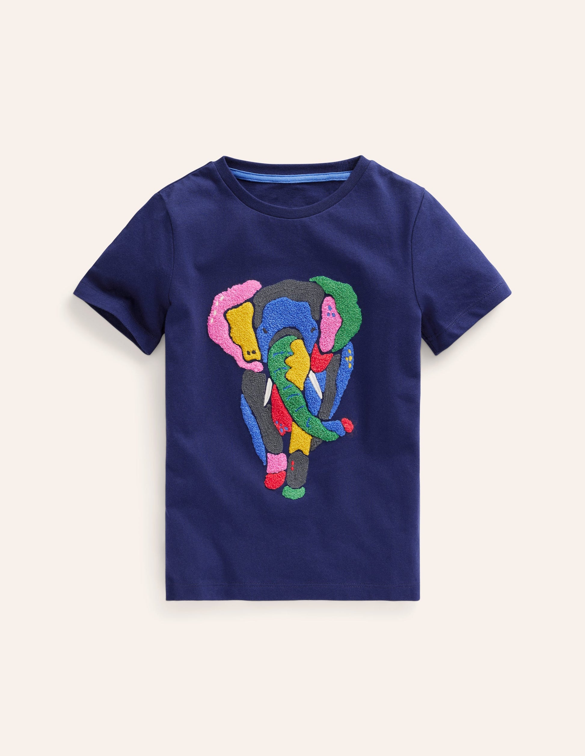 T-shirt à motif animal en point de chaînette-Éléphant bleu marine universitaire-1
