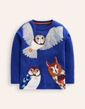T-Shirt mit Eulen-Applikation-Saphirblaue Eulen