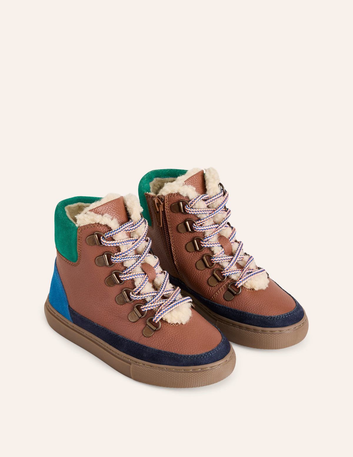 Kuschelige Schnürstiefel aus Leder-Hellbraun, Blockfarben-2