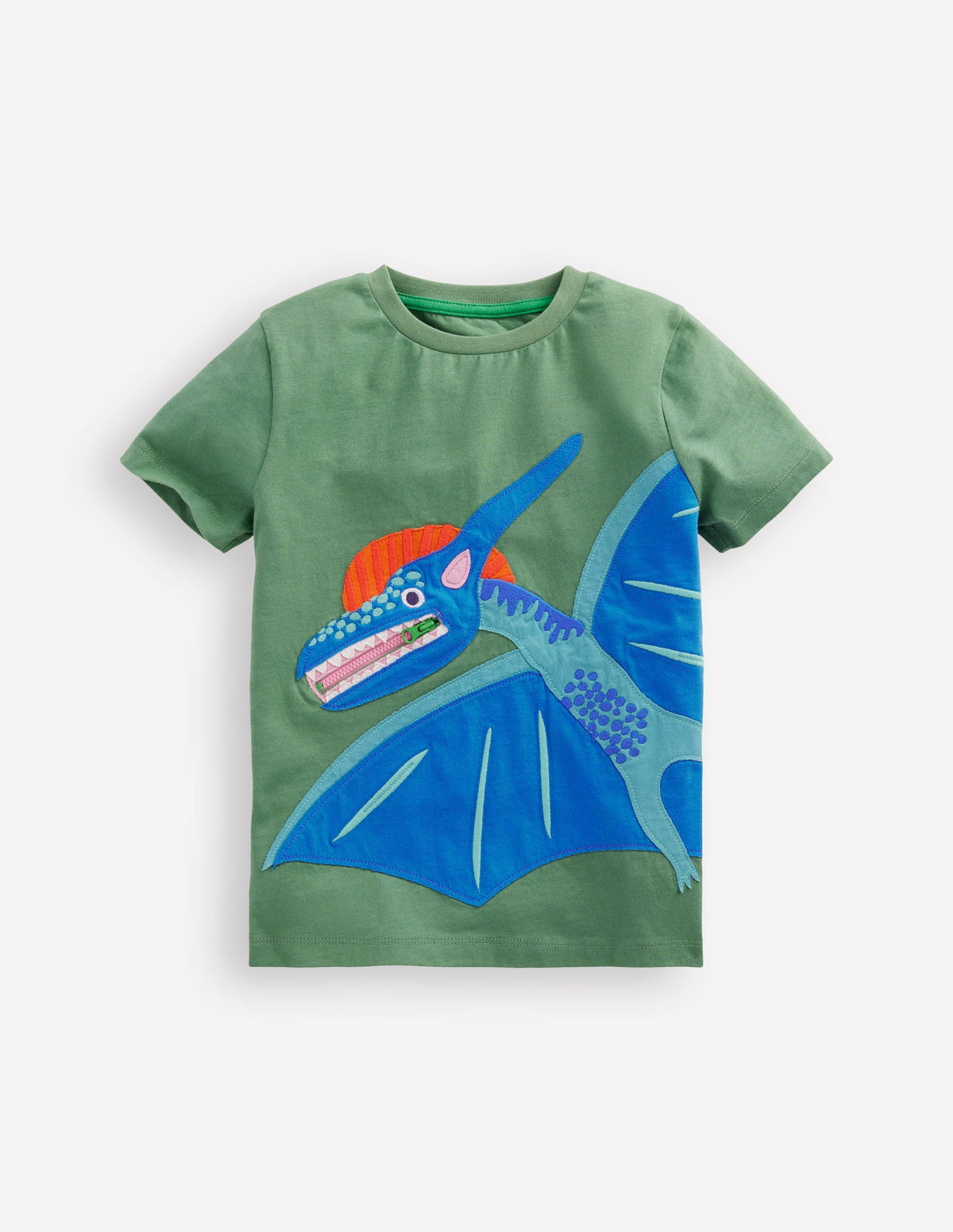 Zip Applique T-shirt-Newt Green Dinosaur-1