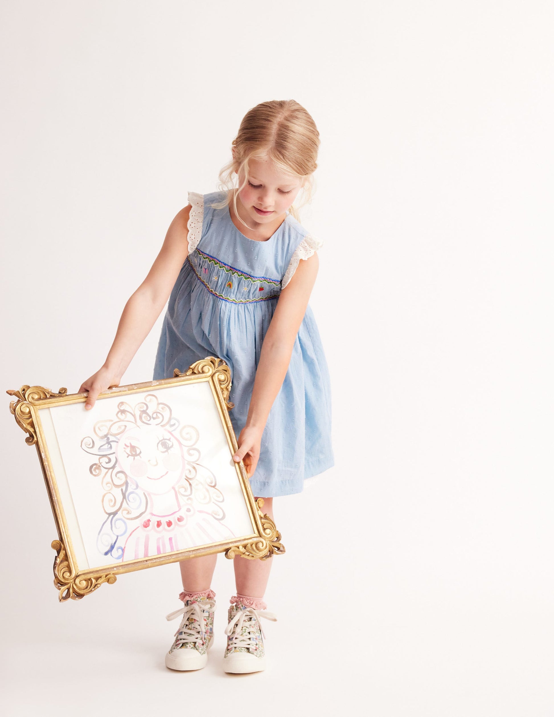 Smocked Lace Trim Dress-Mid Vintage Denim-2