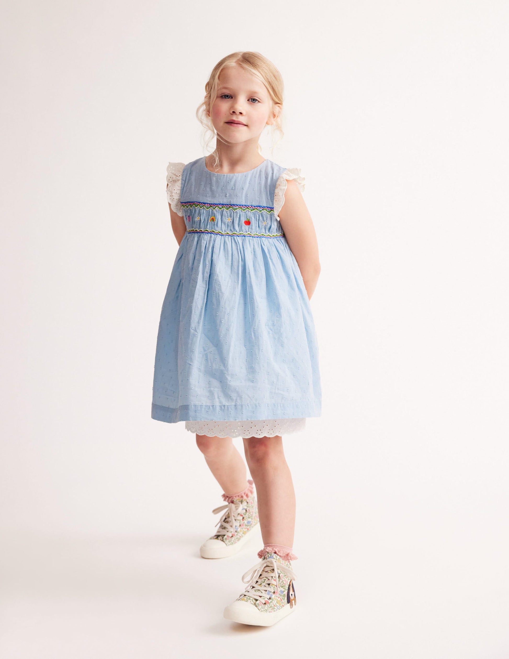 Smocked Lace Trim Dress-Mid Vintage Denim-6