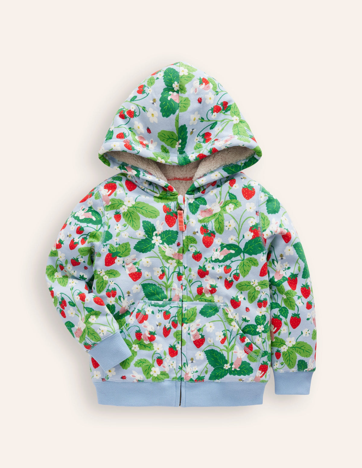 Kapuzenpullover mit Zottelfutter-Erdbeerfeld Druck-1