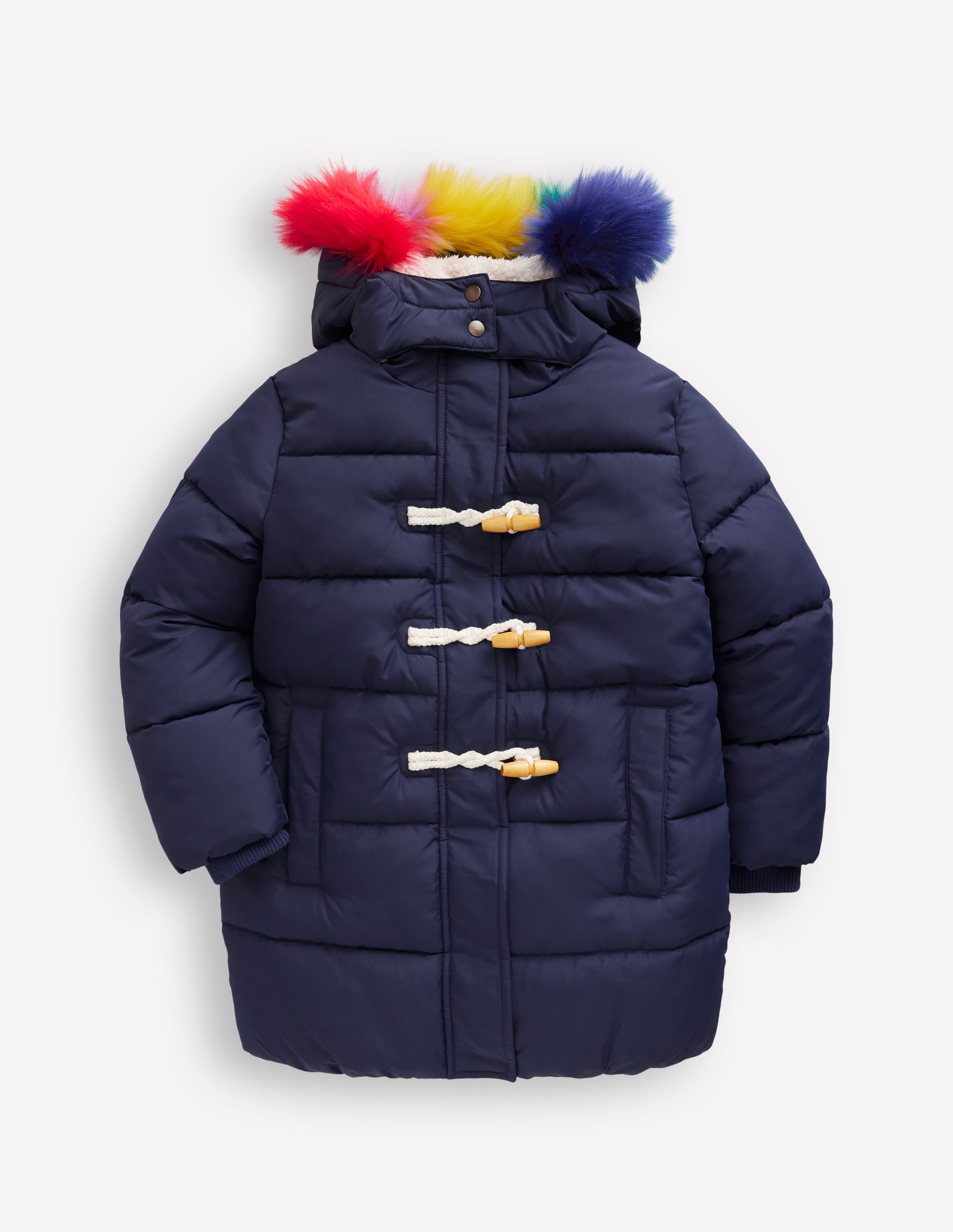Langer wattierter Mantel-College Marineblau Regenbogen Fell - Image 2