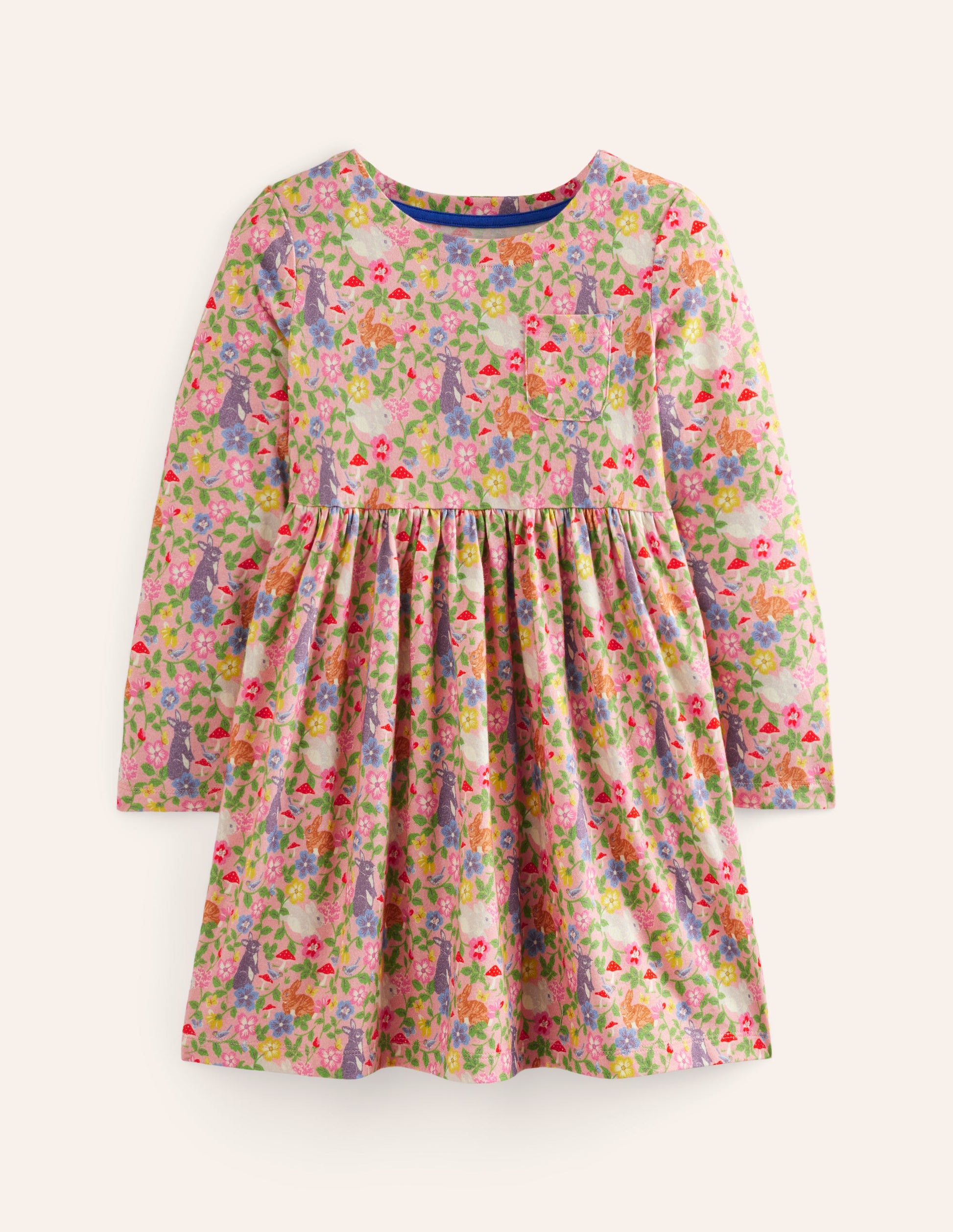 Robe fun à manches longues en jersey-Champ de lapins rose vintage-1