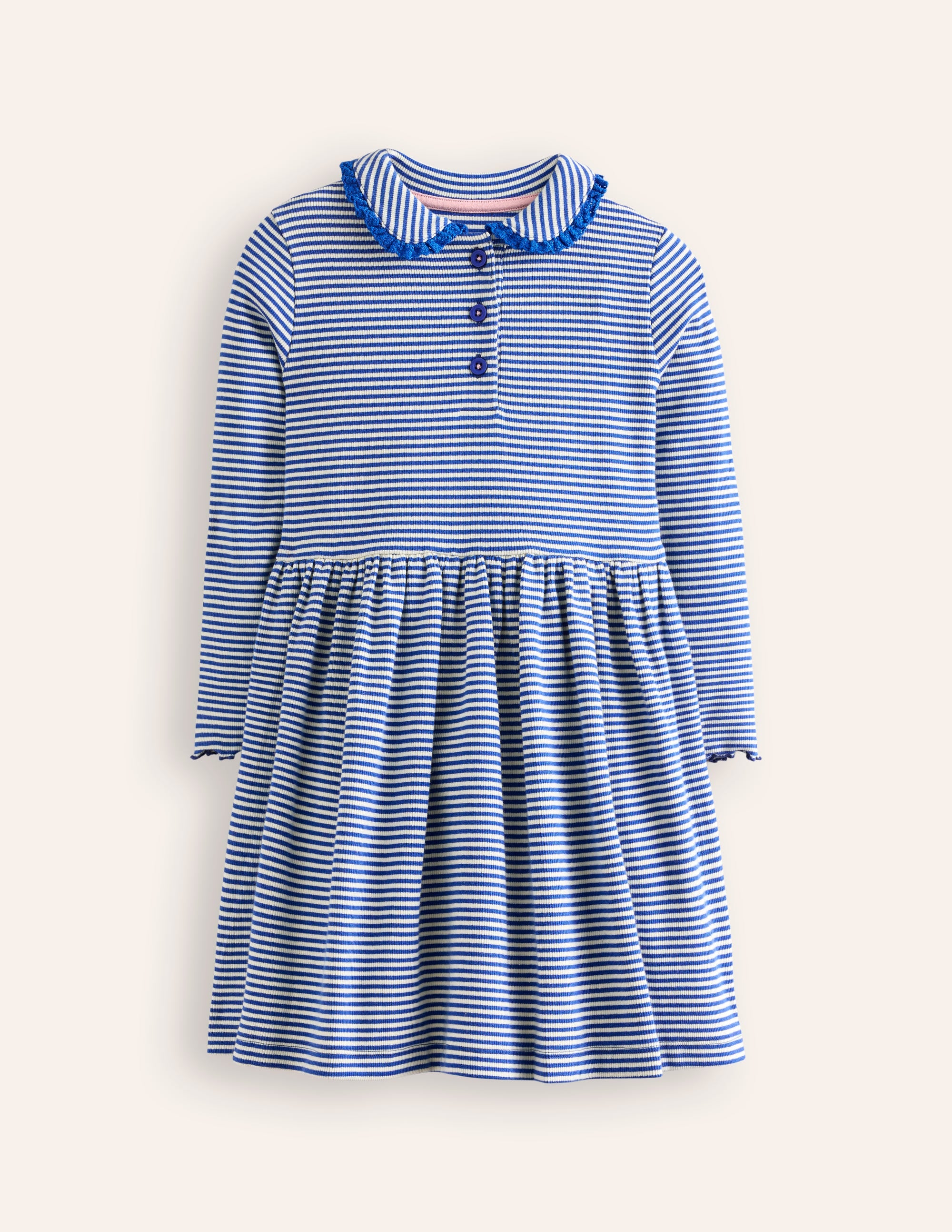 Geripptes Kleid mit Kragen zum Herumwirbeln-Blauhäher/Naturweiß Streifen - Image 1