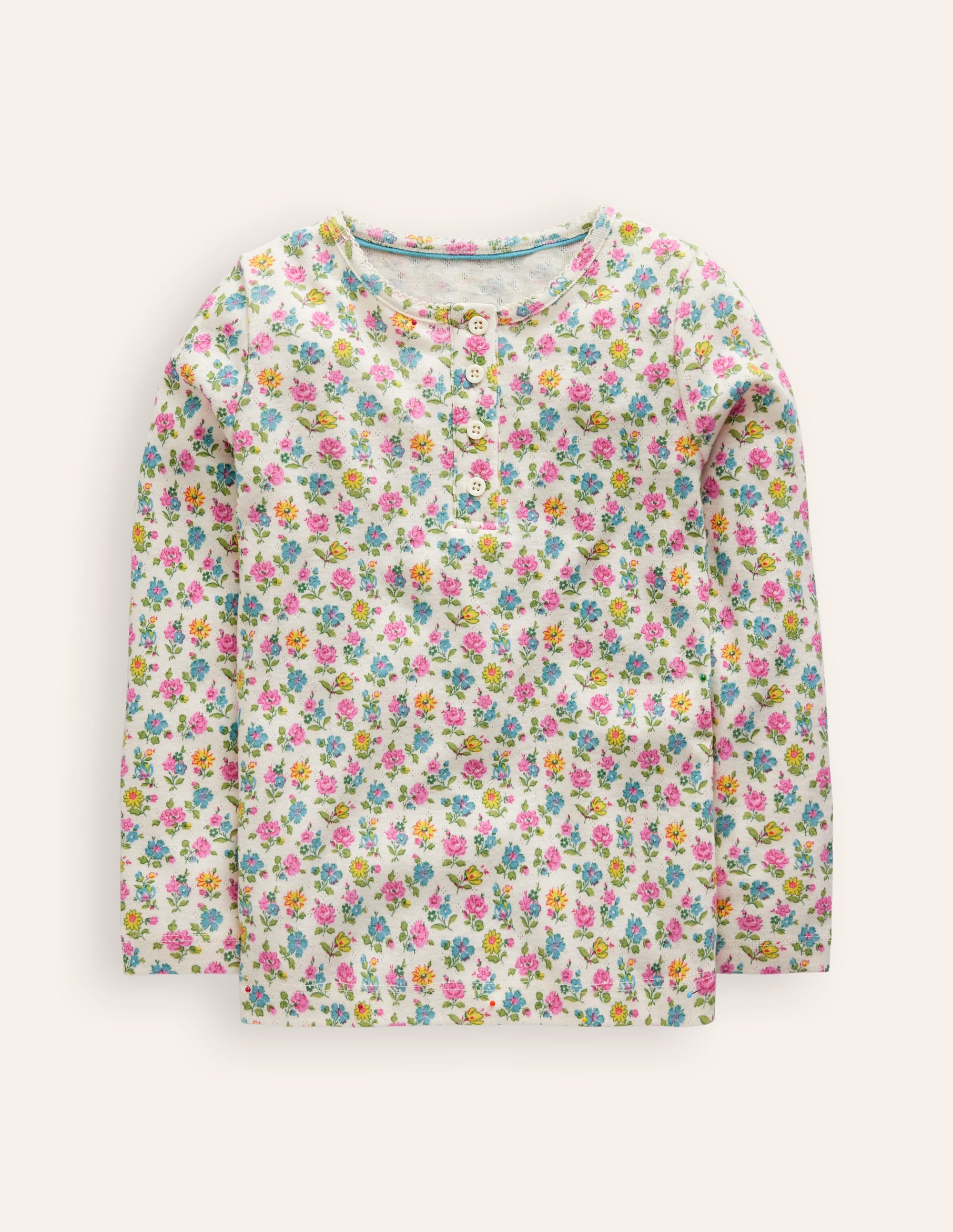 Henley Pointelle-Oberteil-Bunt Winziges Blumenmuster - Image 1