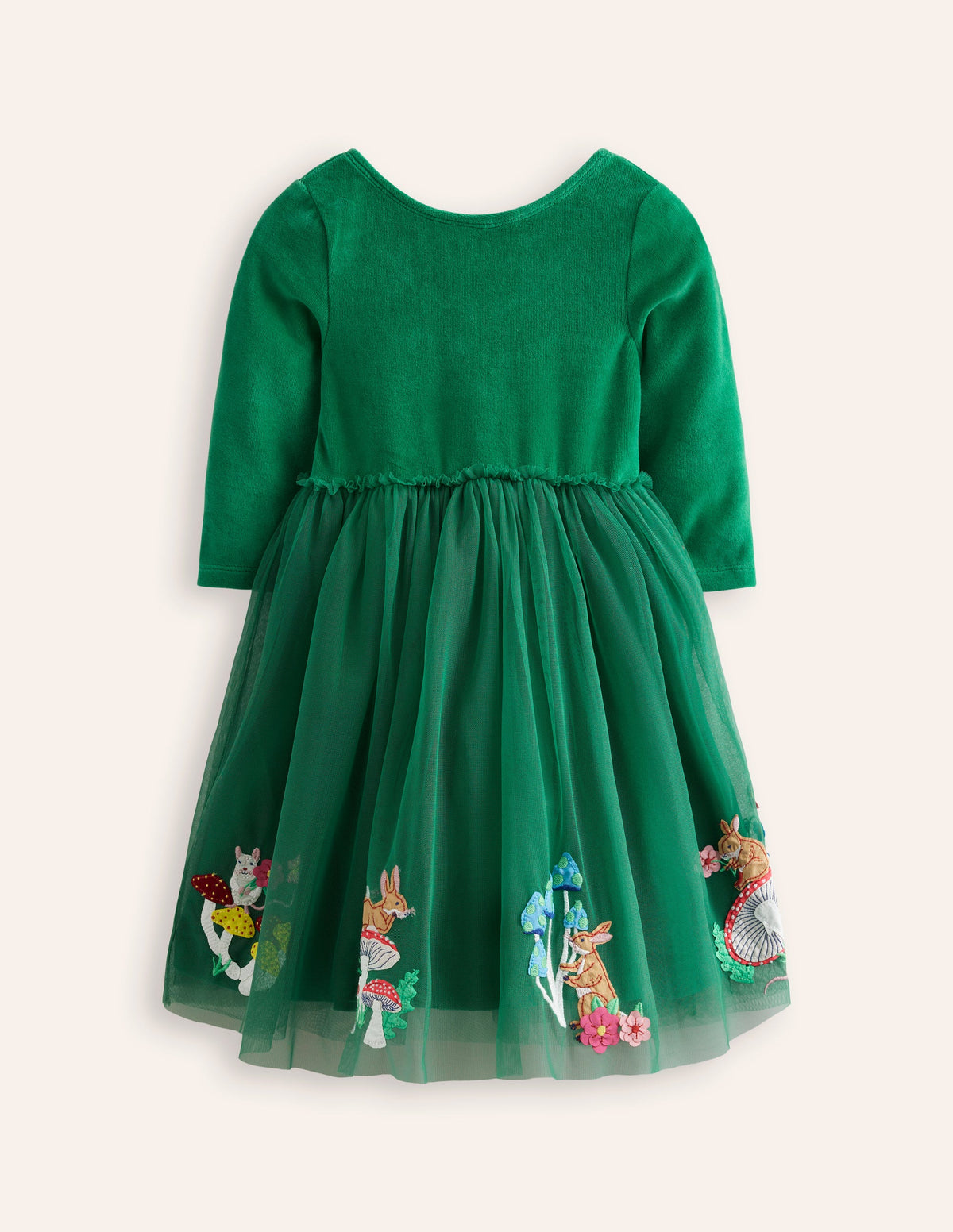 Velvet Tulle Appliqué Dress-Jewel Green Woodland Animals-2
