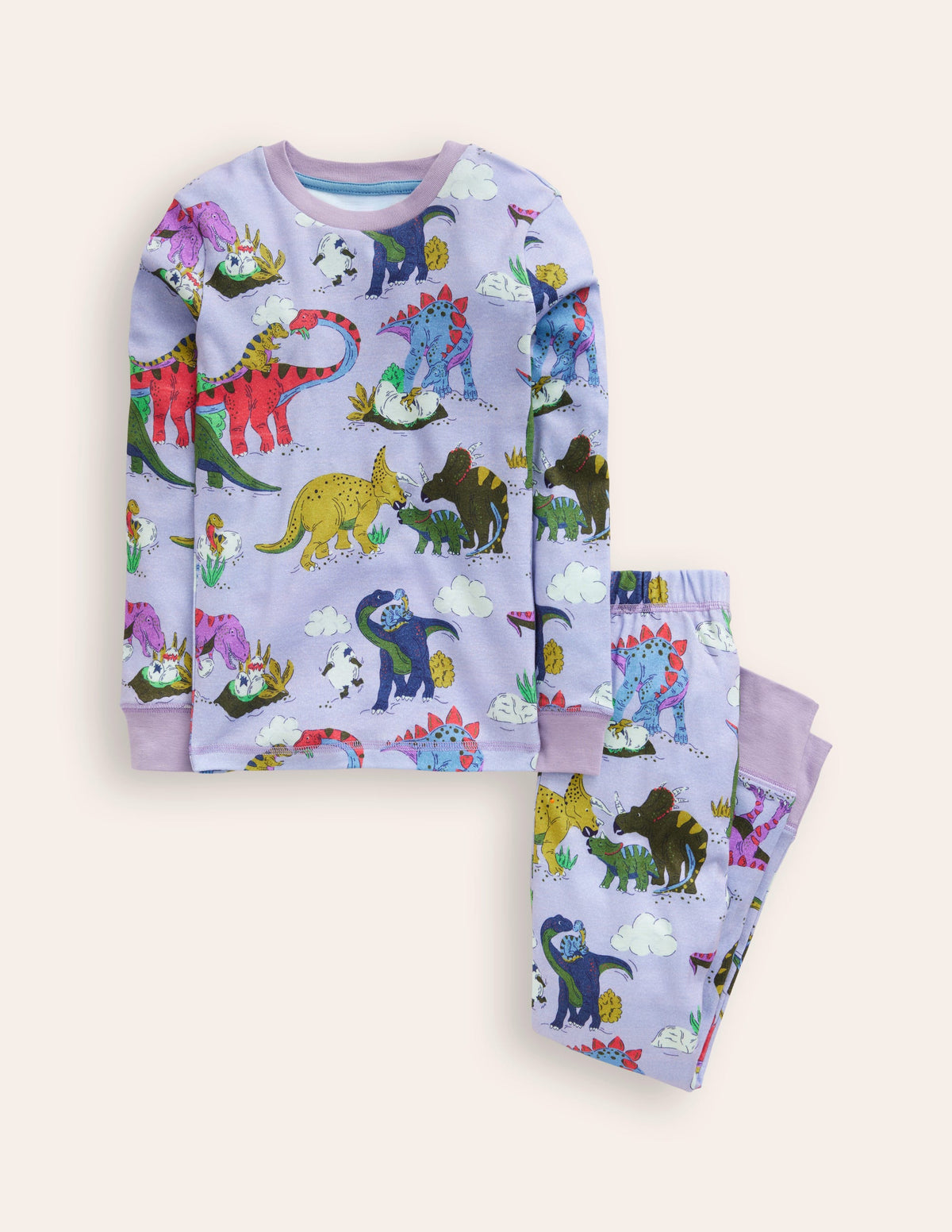 Eng anliegender, langer Schlafanzug-Flieder Dino-Familie-1