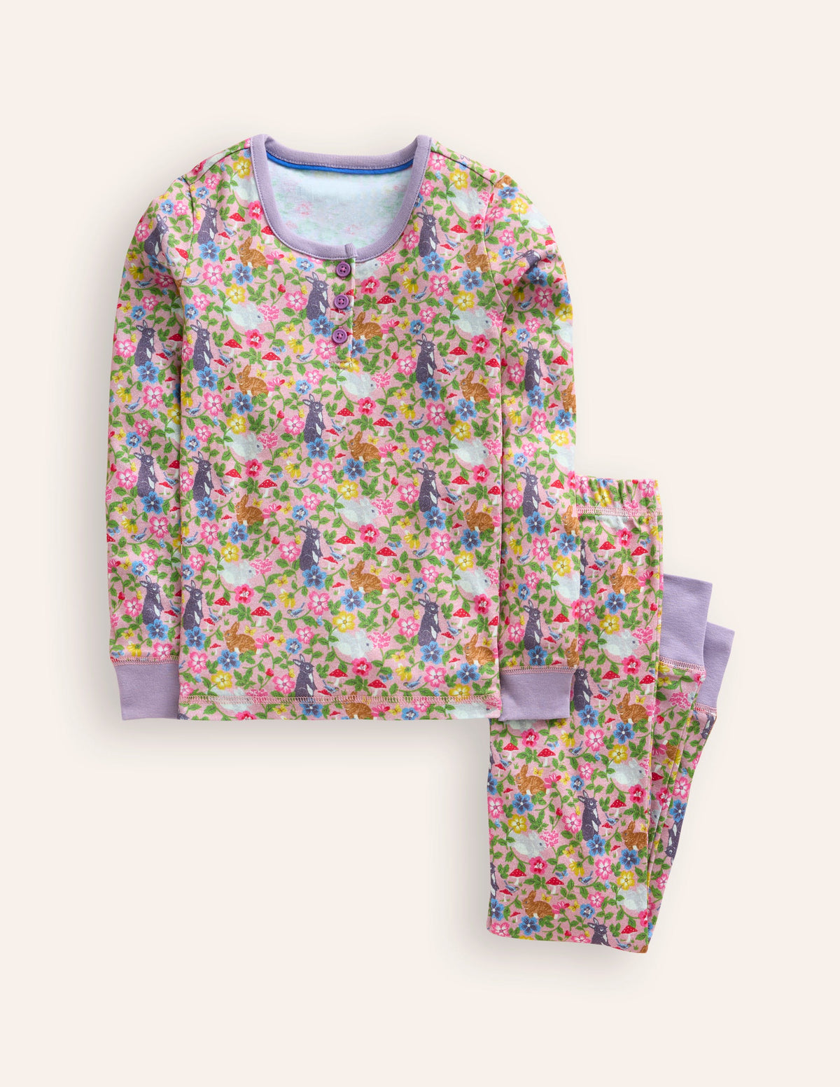 Eng anliegender Henley-Schlafanzug-Vintage-Rosa Hase Feld - Image 1