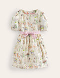 Robe vintage en coton et lin-Chiots peints ivoire