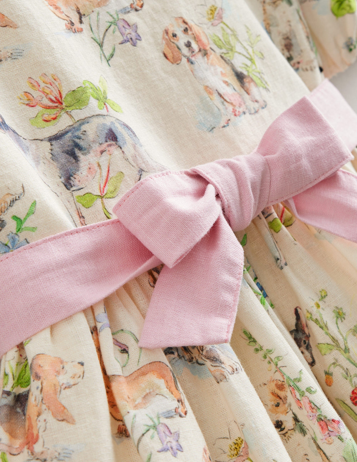 Robe vintage en coton et lin-Chiots peints ivoire-3