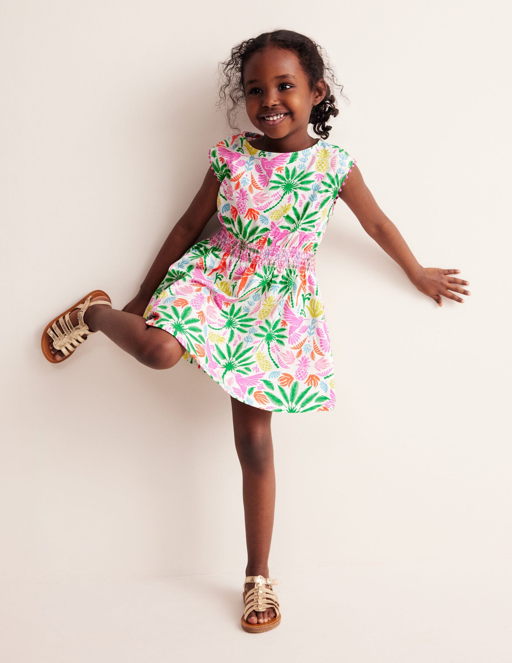 Jerseykleid mit geraffter Taille-Bunt Regenbogen Palme-1