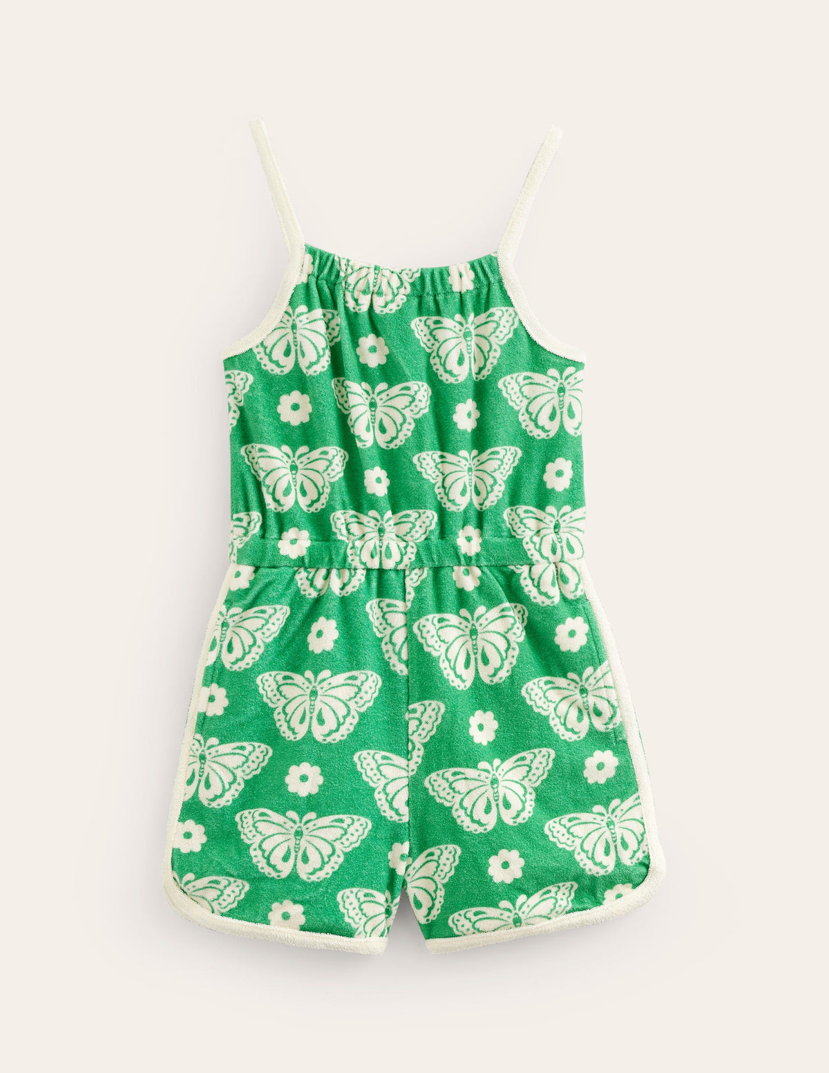 Strappy Towelling Playsuit-Pea Green Butterfly Stamp-1