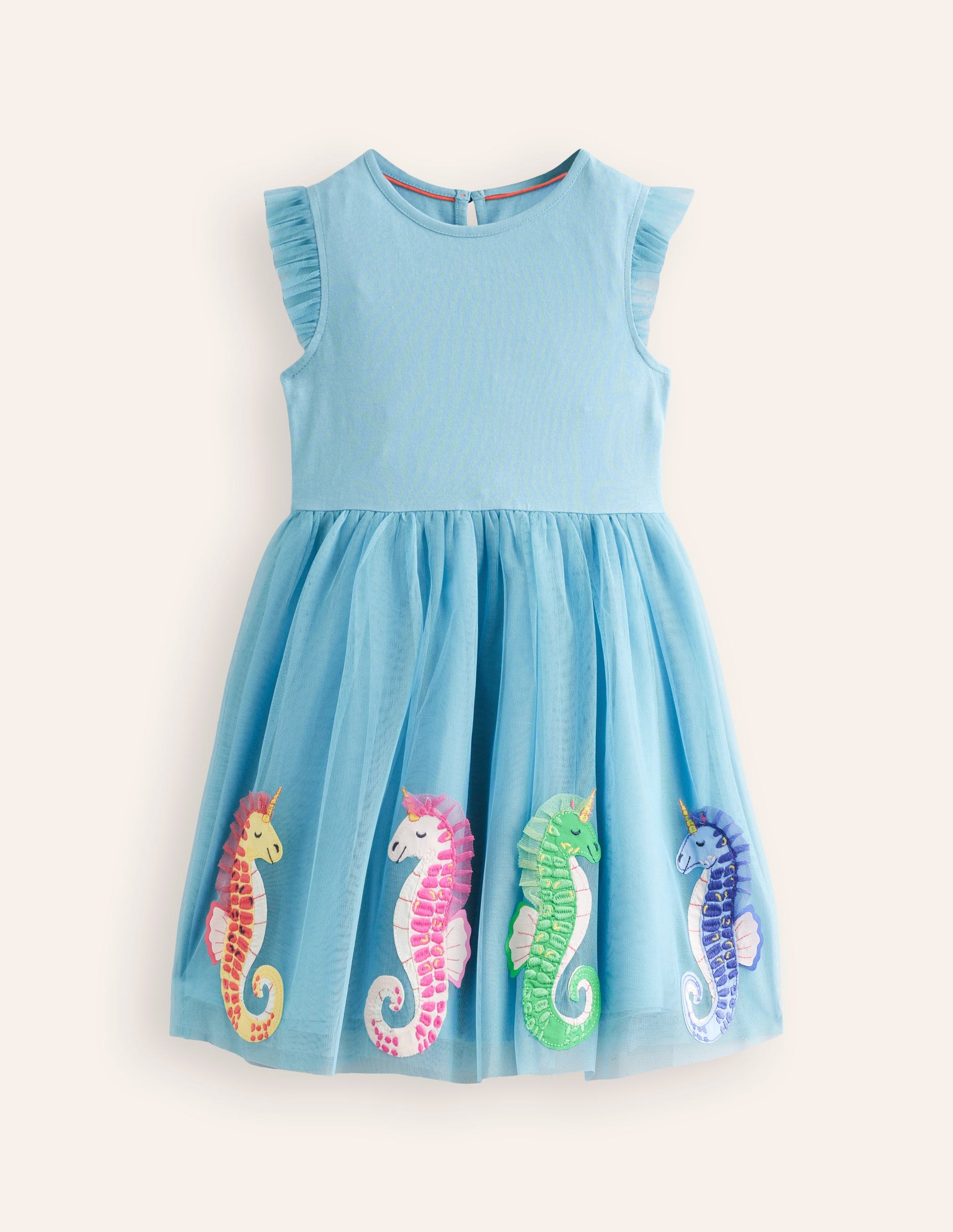 Jerseykleid mit Tüllrock und Applikation-Aqua Meeresblau Seepferdchen-1