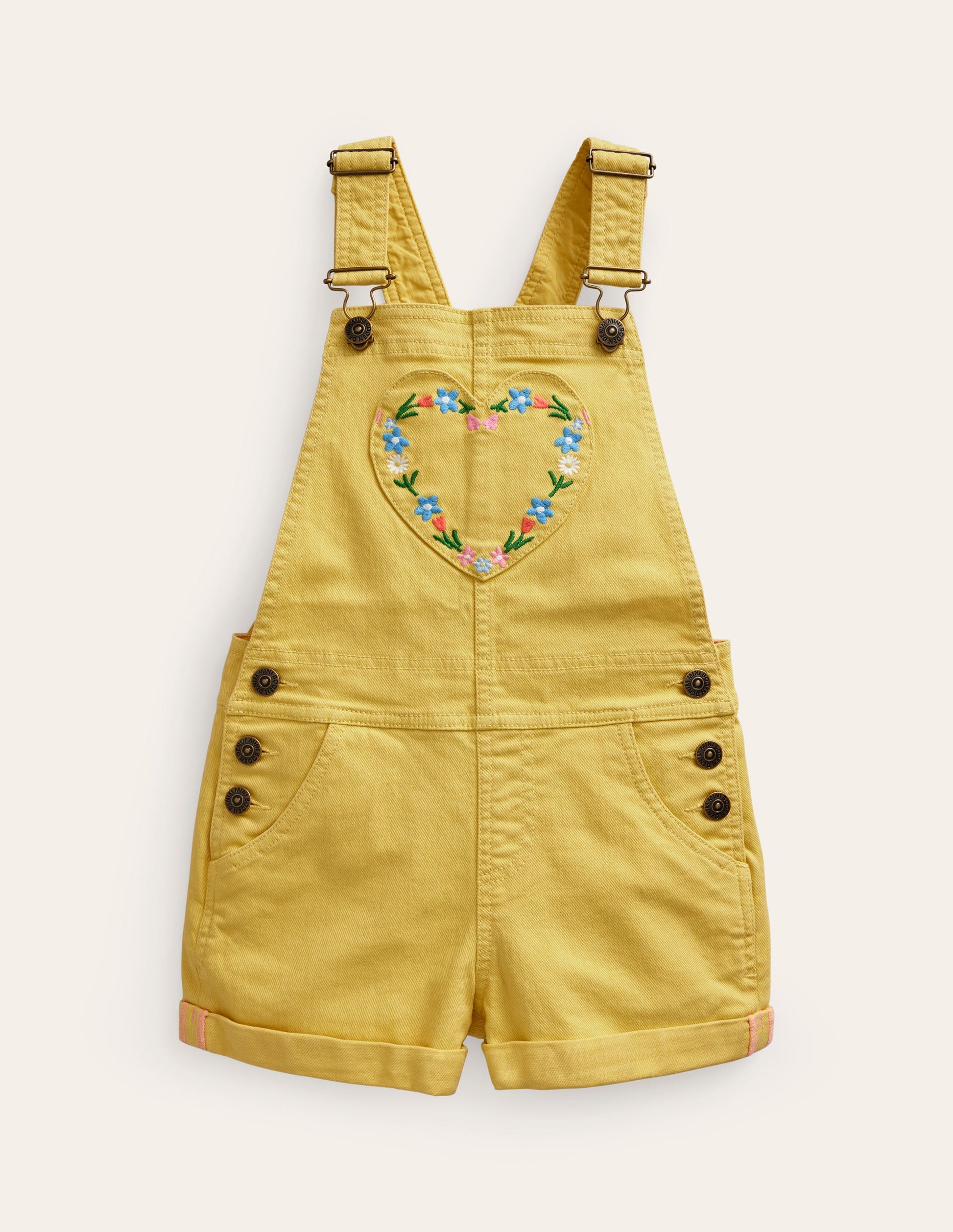 Kurze Latzhose mit Herztaschen-Frühlingsgelb-1