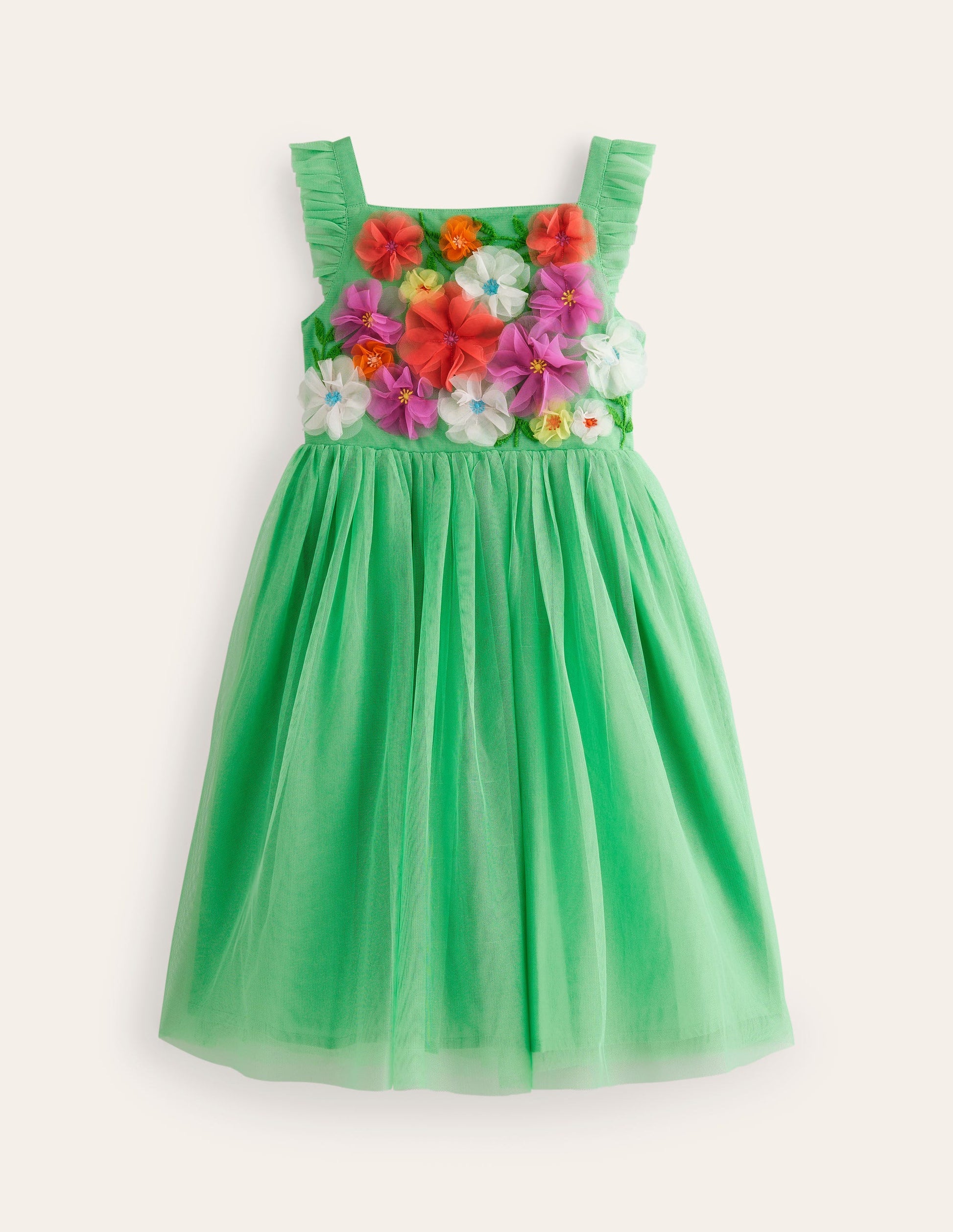Robe en tulle à appliqué-Fleurs vert petit pois-1