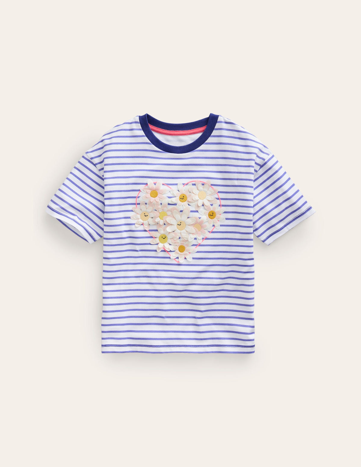 Lockeres T-Shirt aus Bouclé-Tiefblau/Naturweiß Herz-1