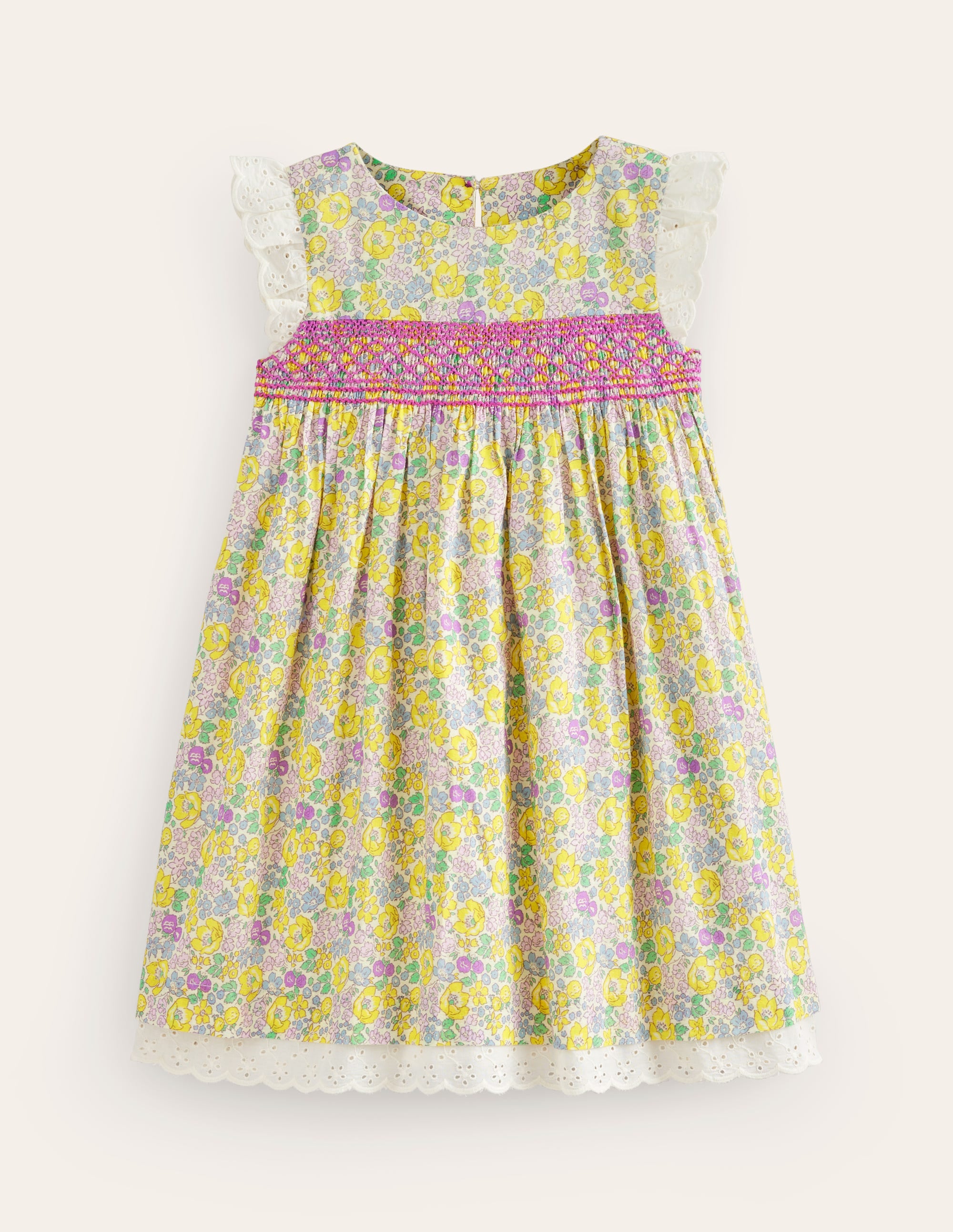 Gesmoktes Kleid mit Spitzenbesatz-Gelb Frühlingsblüte - Image 1