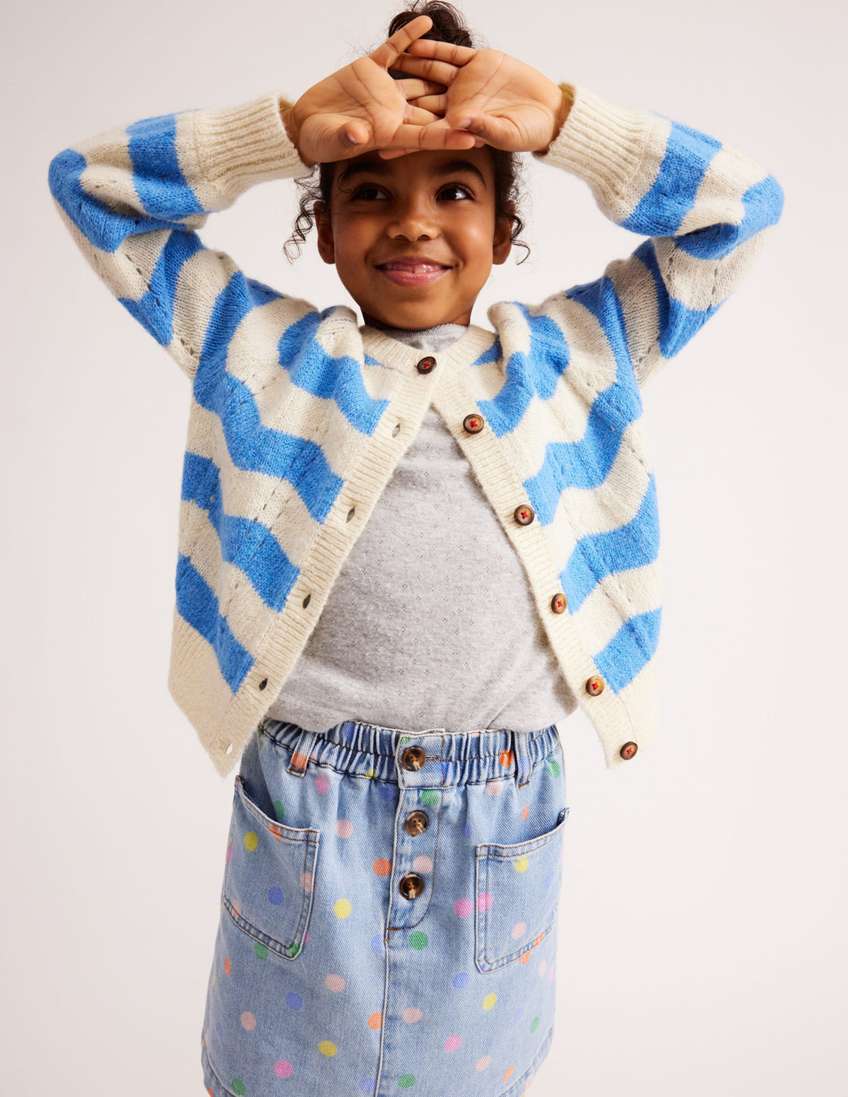Gewebte Blouson-Strickjacke-Blau, Naturweiß Streifen - Image 4