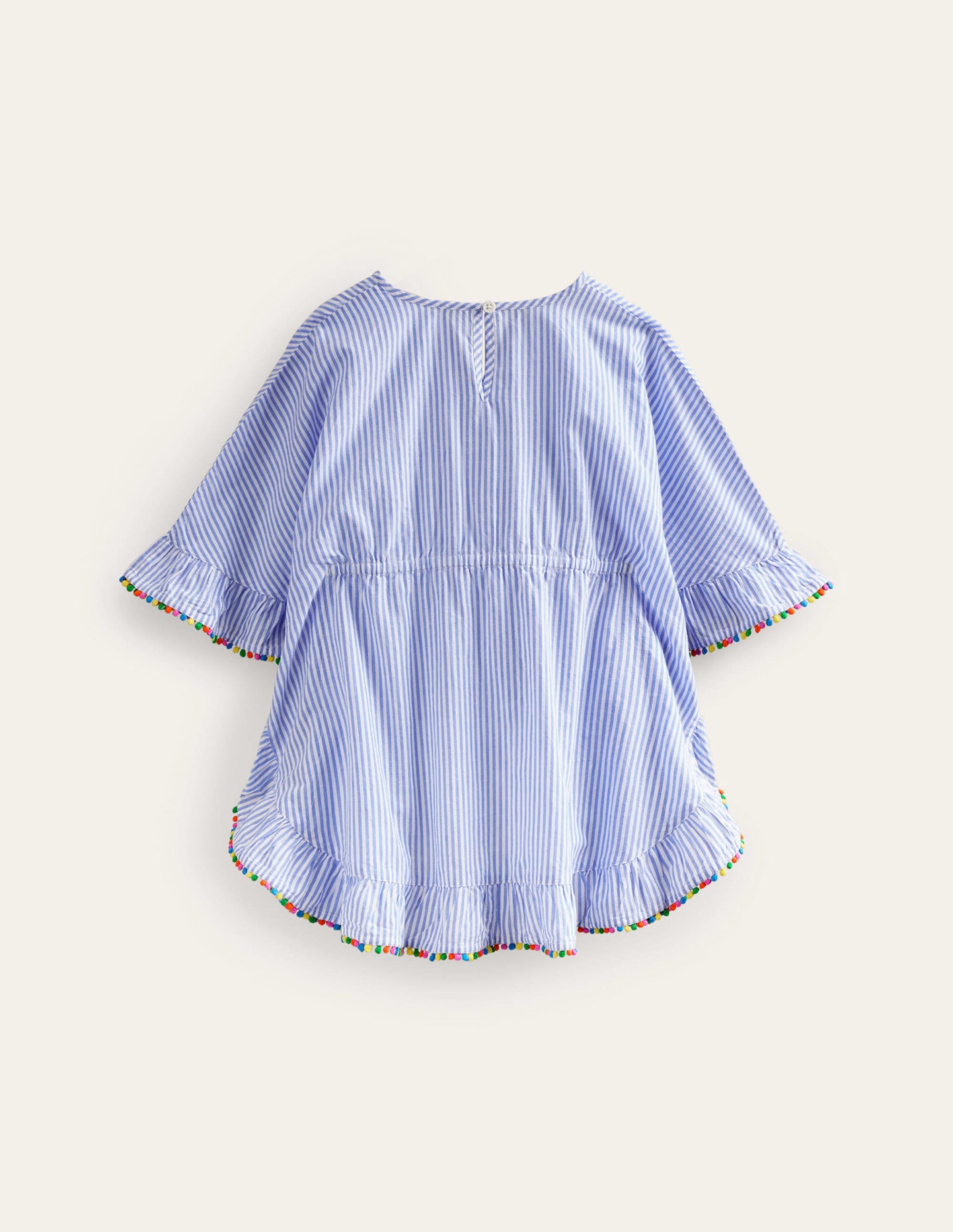 Pom Trim Poncho Kaftan-Surf Blue / Ivory Stripe - Image 2