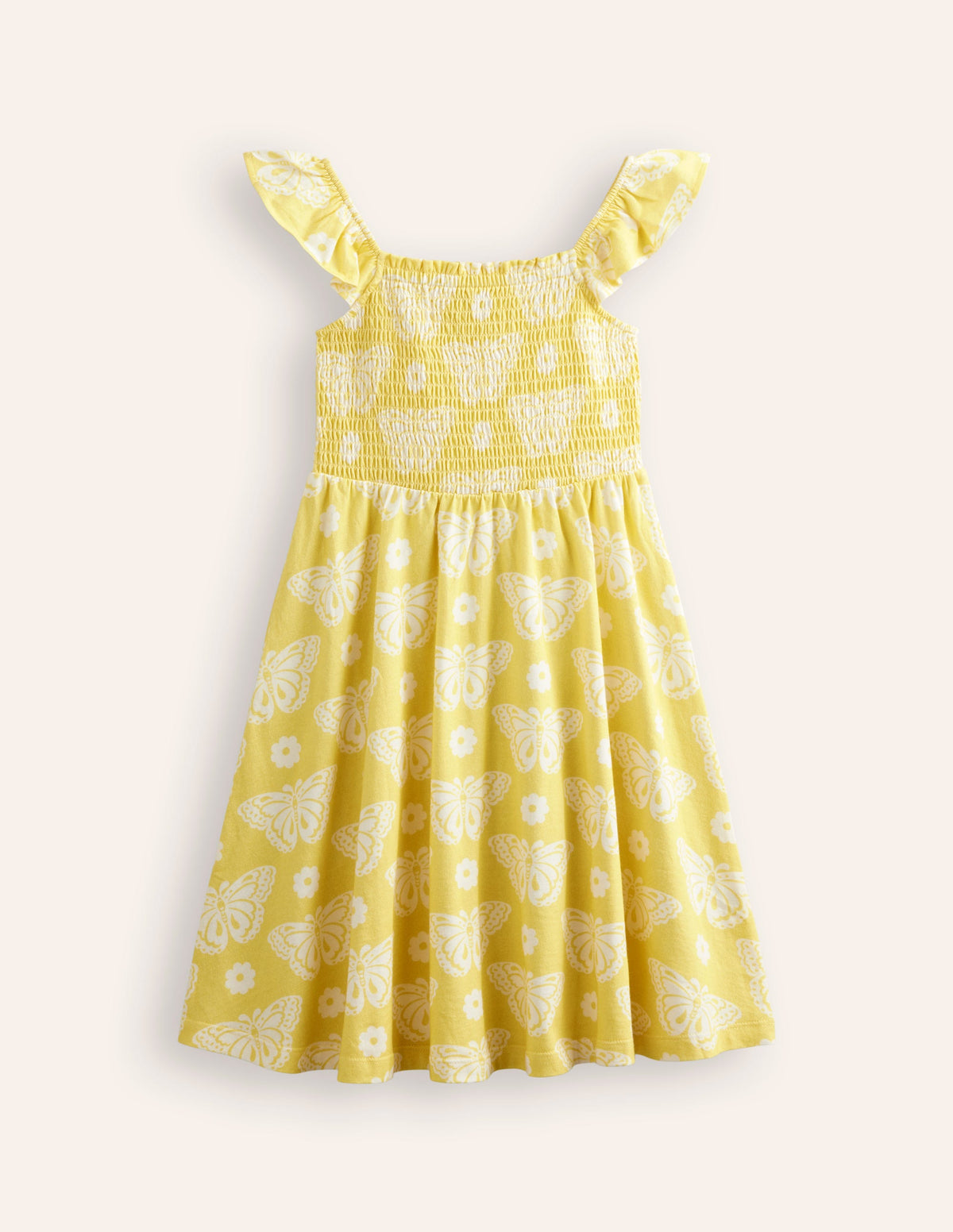 Gerafftes Jerseykleid-Gelb Schmetterlingsmuster-1