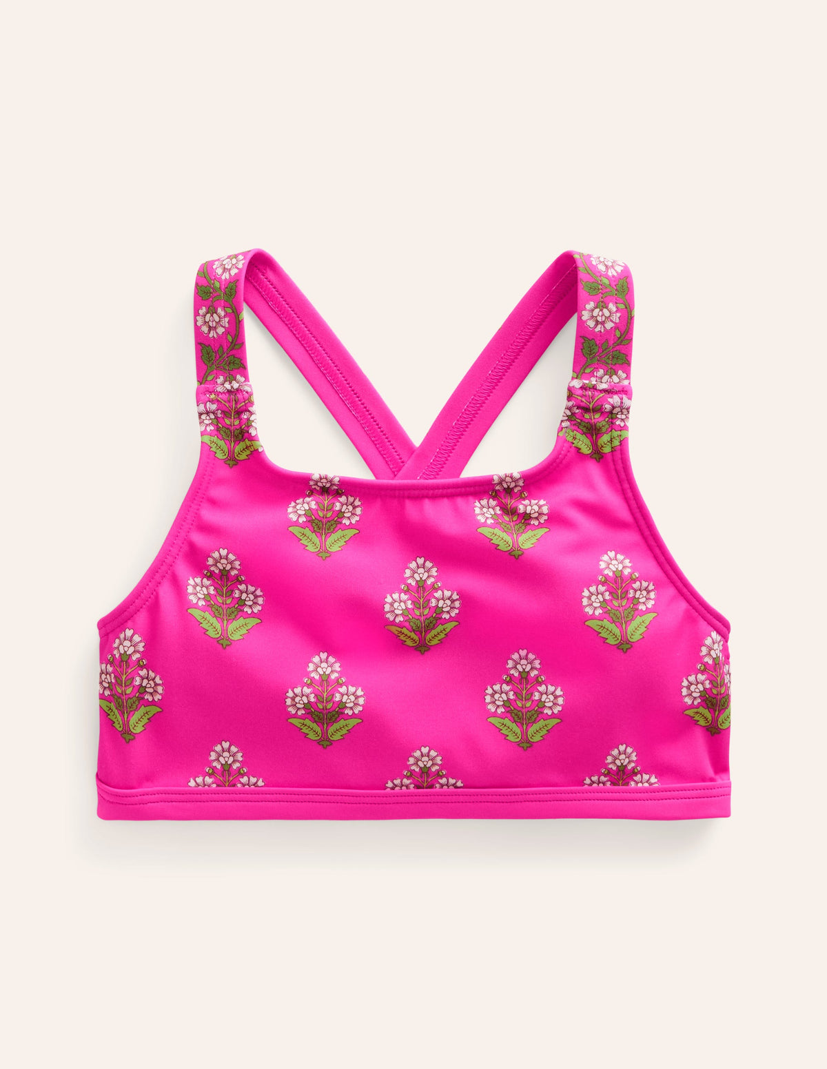 Haut de bikini à dos croisé-Petit motif xylographique rose - Image 1