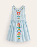 Kleid mit gekreuzten Rückenträgern-Blau / Naturweiß Streifen Blumenmuster