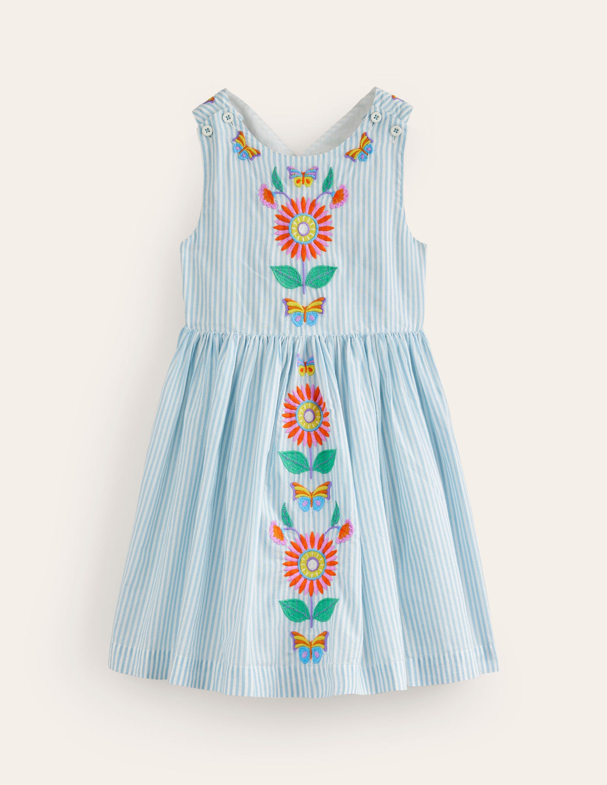 Kleid mit gekreuzten Rückenträgern-Blau / Naturweiß Streifen Blumenmuster-1