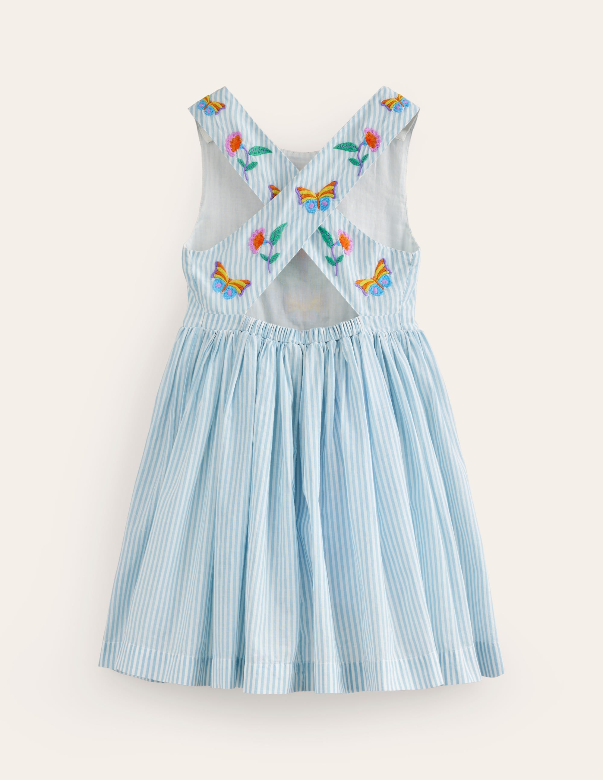 Kleid mit gekreuzten Rückenträgern-Blau / Naturweiß Streifen Blumenmuster - Image 2