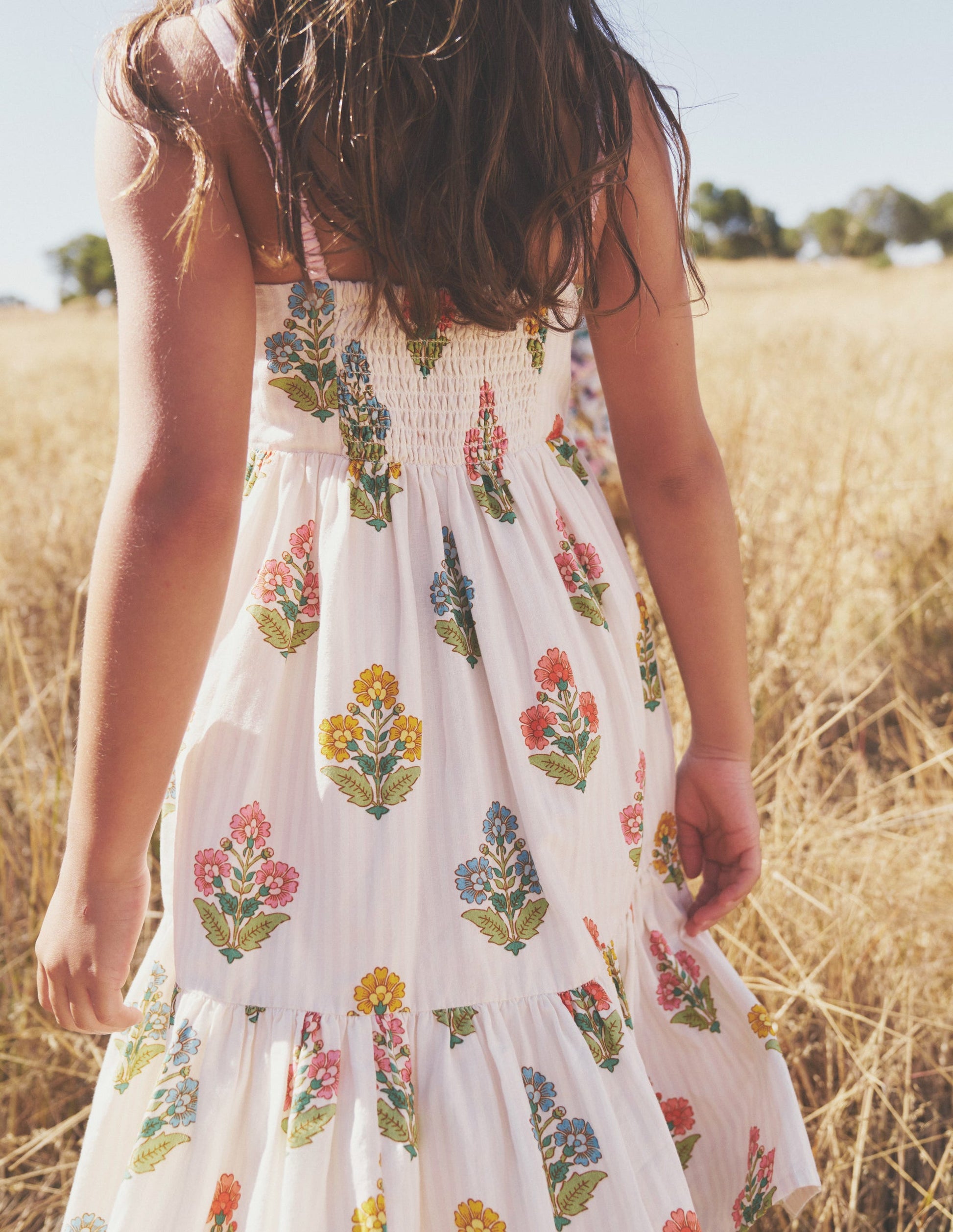 Gestuftes Sommerkleid zum Herumwirbeln-Rosa Holzblock Blumenmuster-8