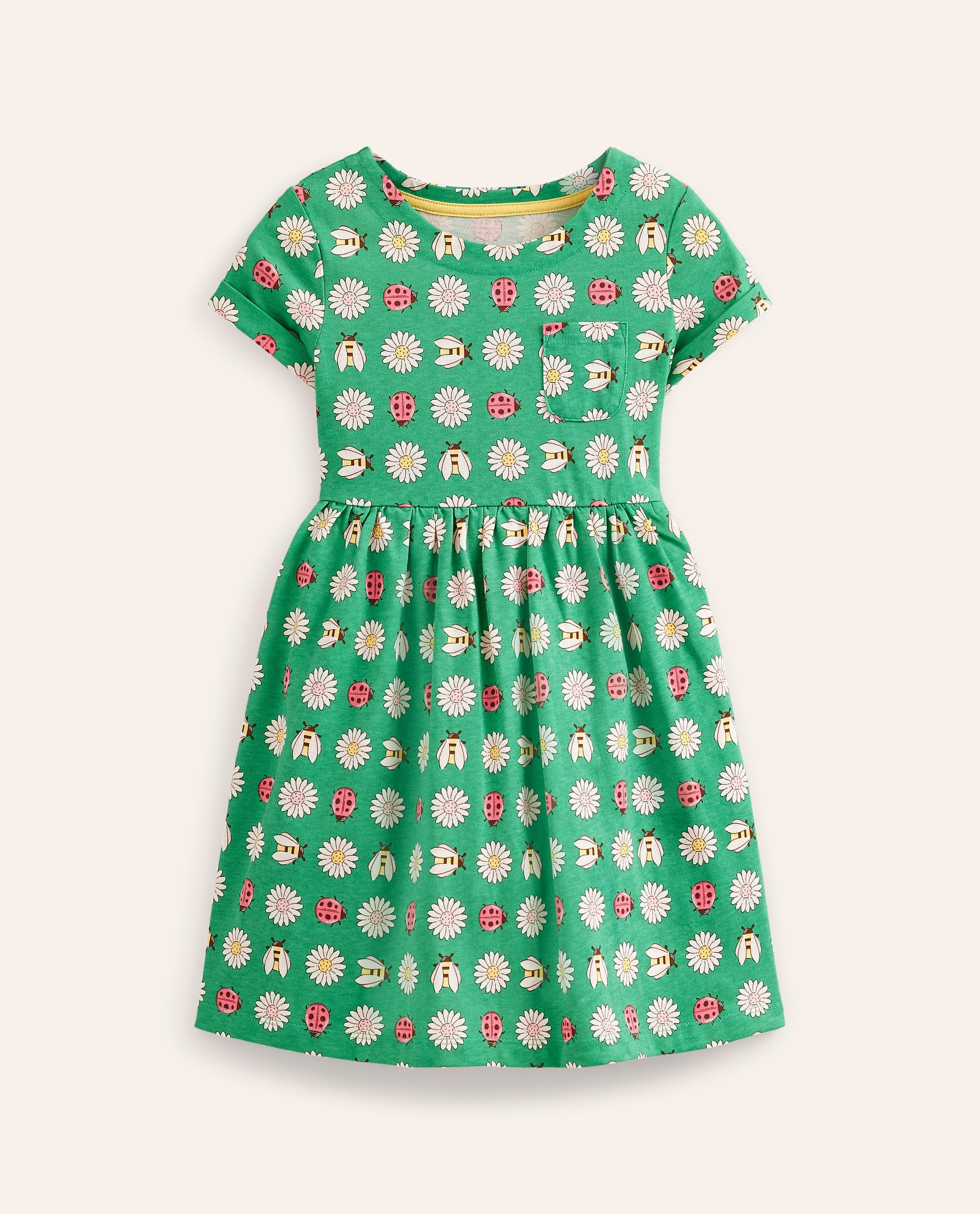 Lustiges Jerseykleid mit kurzen Ärmeln-Erbsengrün Gänseblümchen Käfer - Image 1