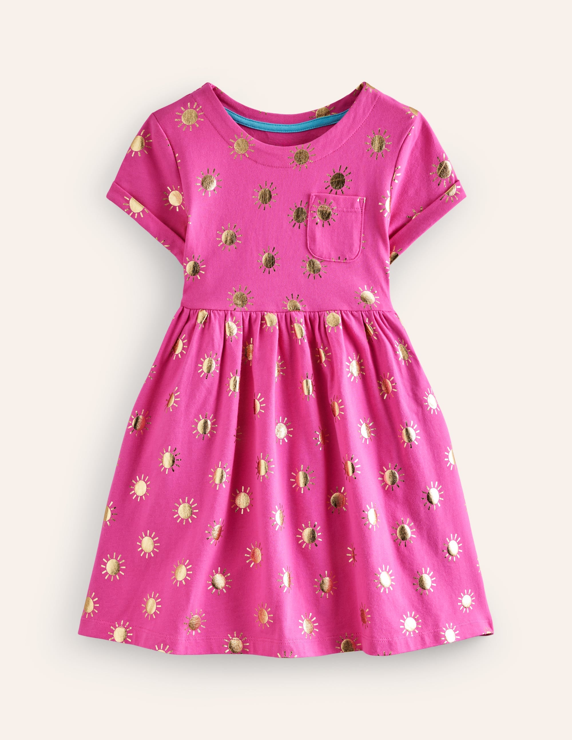 Robe fun à manches courtes en jersey-Rose bonheur/soleils dorés - Image 1