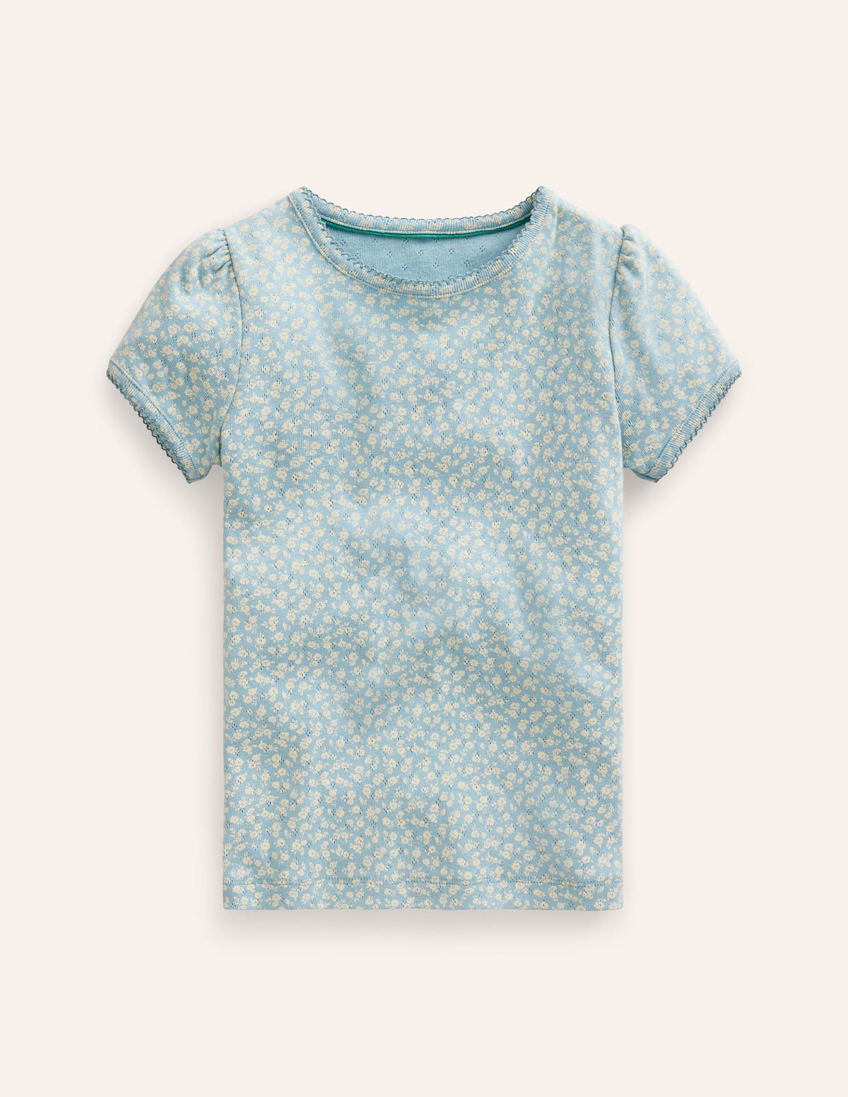 Kurzärmeliges Pointelle-Oberteil-Vintage Blau Floral-1