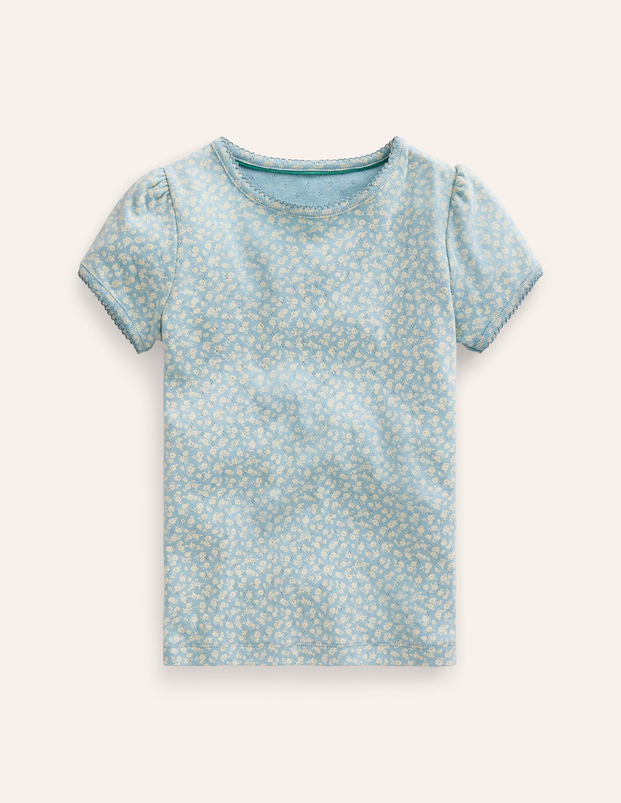 Kurzärmeliges Pointelle-Oberteil-Vintage Blau Floral - Image 1