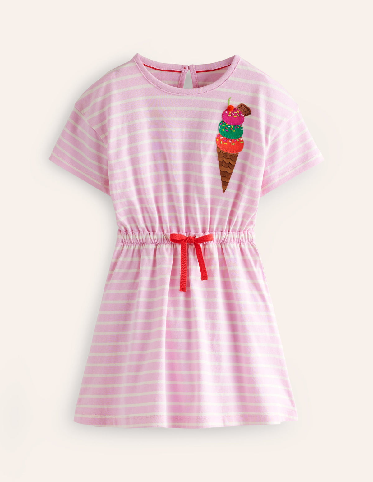 Kleid mit Bindegürtel und Applikation-Zuckererbse/Naturweiß Eiscreme - Image 1
