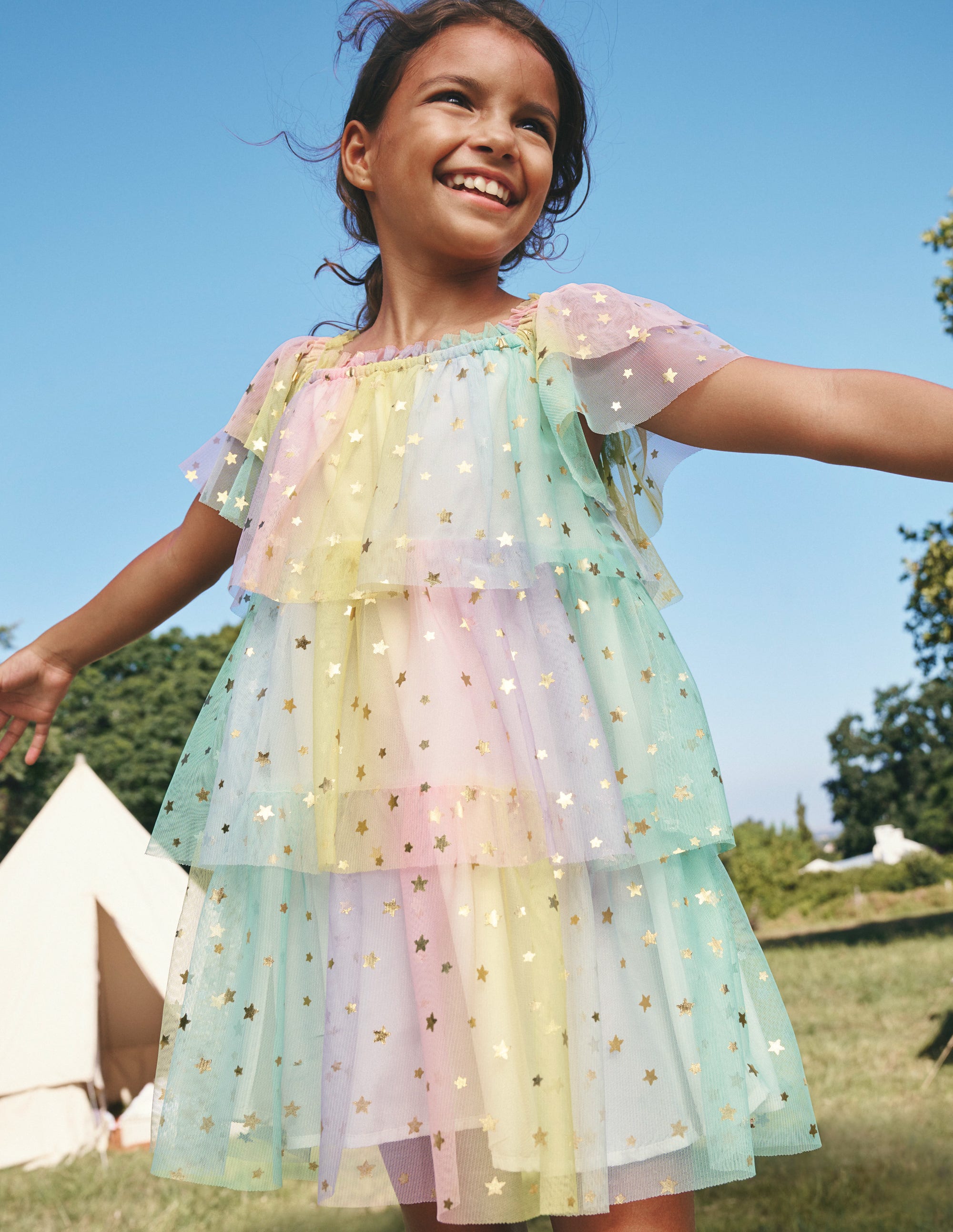 Robe à volants en tulle-Étoile métallisée dorée dégradé multi - Image 4