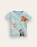 Kurzärmeliges T-Shirt mit Applikation-Naturweiß/ Blau Eis Katzen