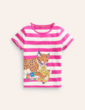 Kurzärmeliges T-Shirt mit Applikation-Rosa/Naturweiß Luchs