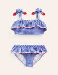 Bikini aus Seersucker mit Rüschen-Blau Kariert Erdbeeren