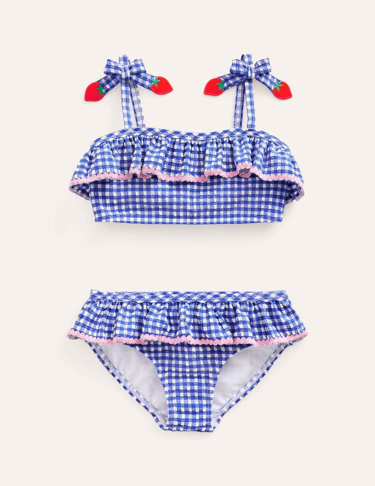 Bikini aus Seersucker mit Rüschen-Blau Kariert Erdbeeren - Image 1