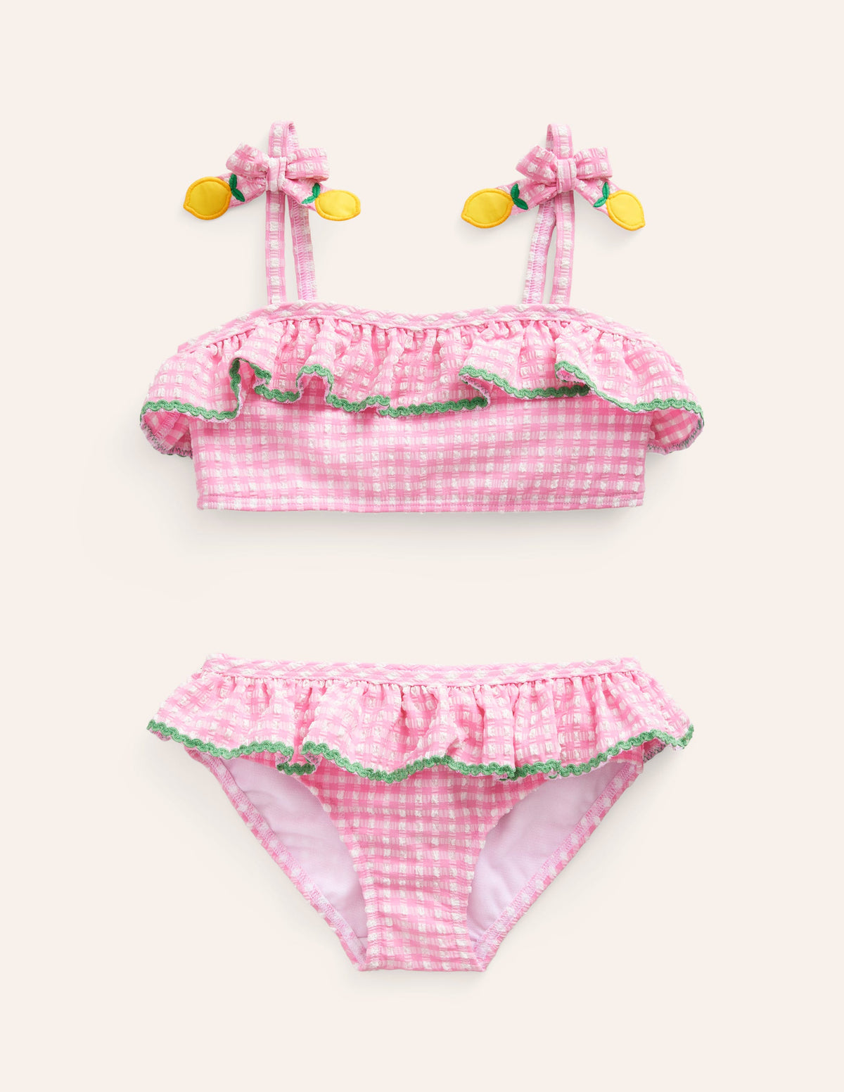 Bikini aus Seersucker mit Rüschen-Rosa Kariert Zitronen - Image 1