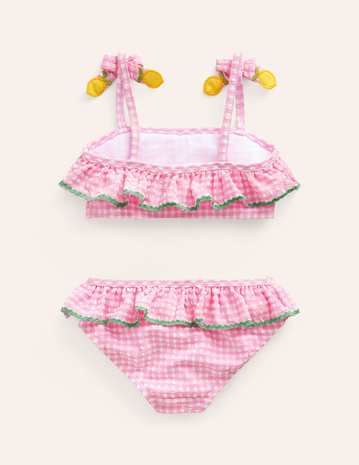 Bikini aus Seersucker mit Rüschen-Rosa Kariert Zitronen-2