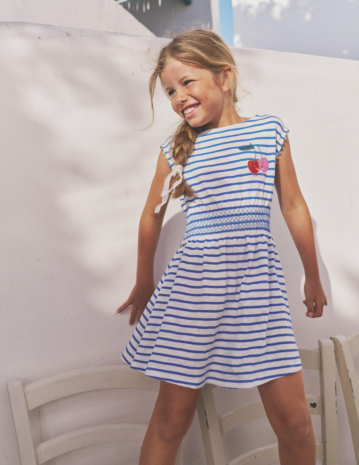 Jerseykleid mit geraffter Taille-Griechisches Blau / Naturweiß Kirschen - Image 4