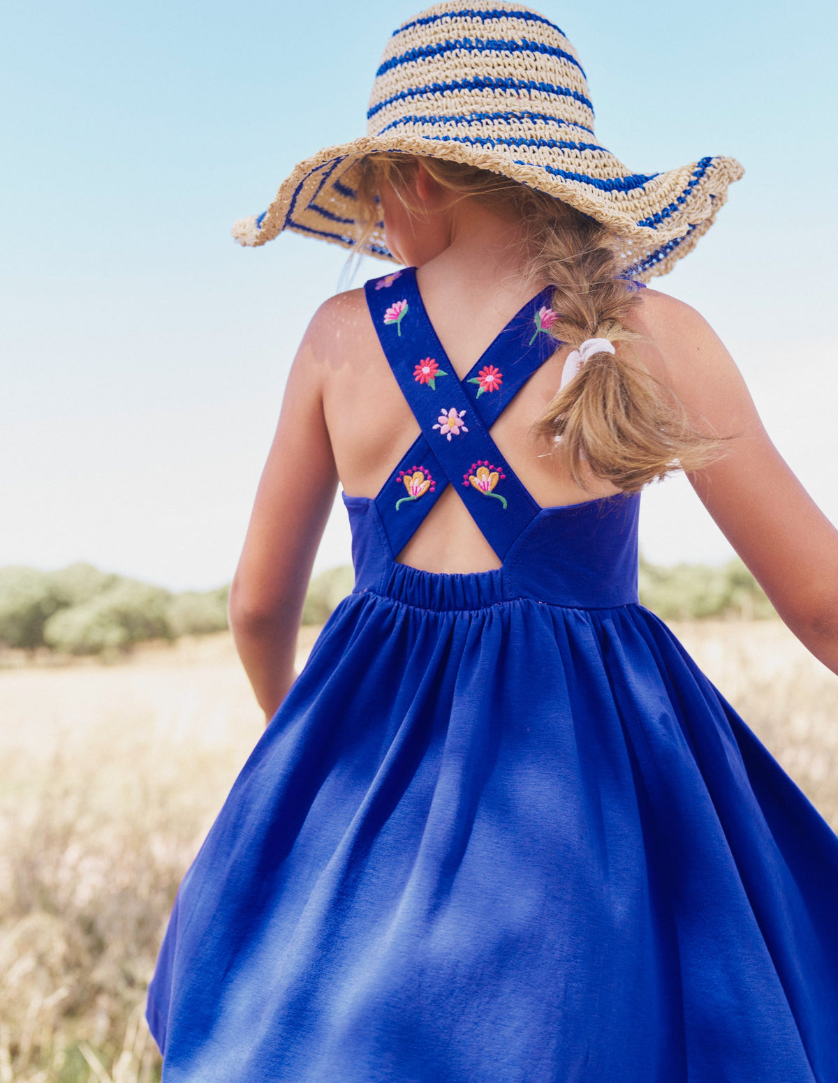 Robe croisée dans le dos en jersey-Broderie bleu saphir-5