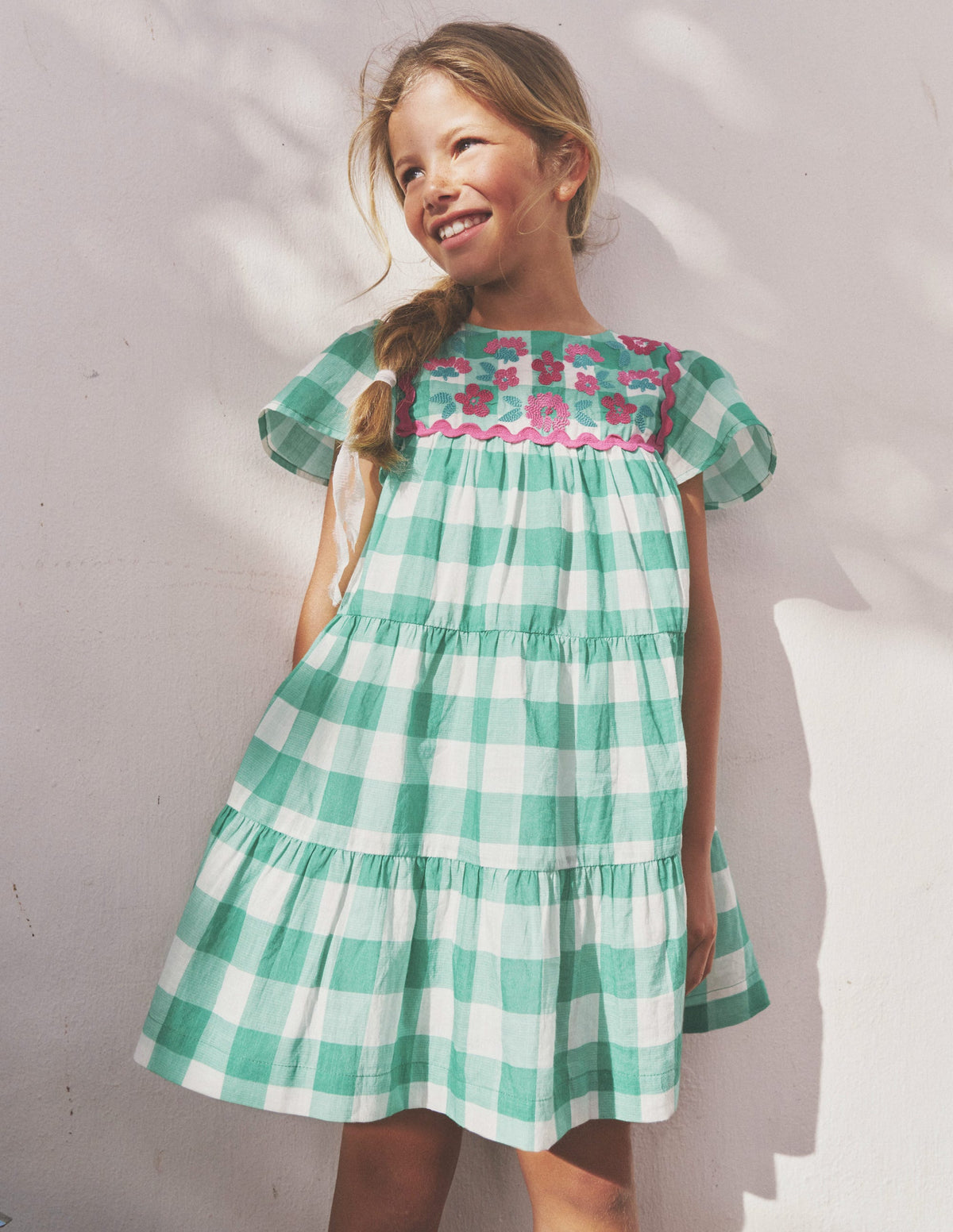 Besticktes Vichykaro-Kleid-Erbsengrün/Naturweiß Karo-6
