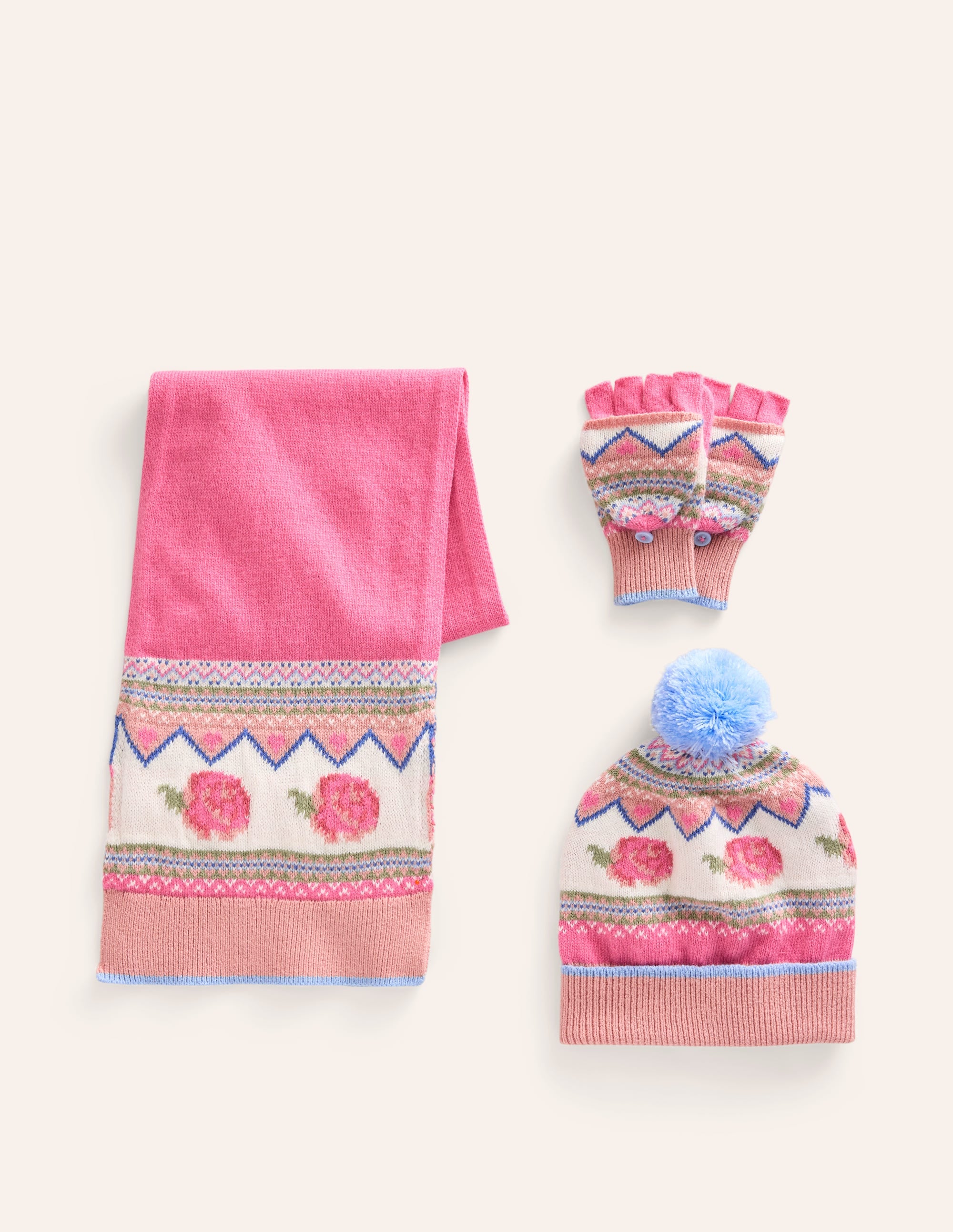 Fair-Isle-Strickset-Rosenblütenrosa Blumen - Image 1