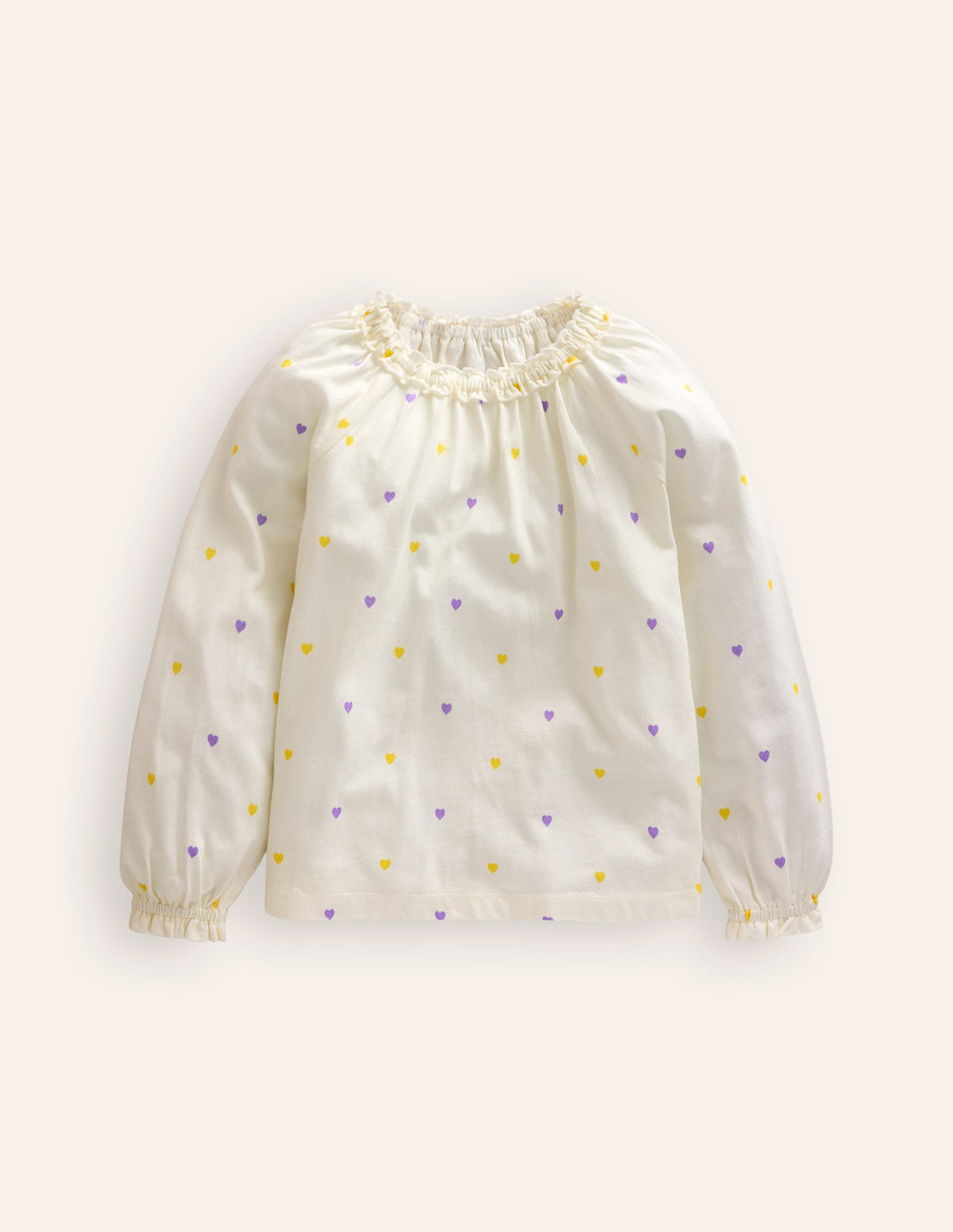 Jerseybluse mit Rüschenausschnitt-Naturweiß Kleine Herzen-1