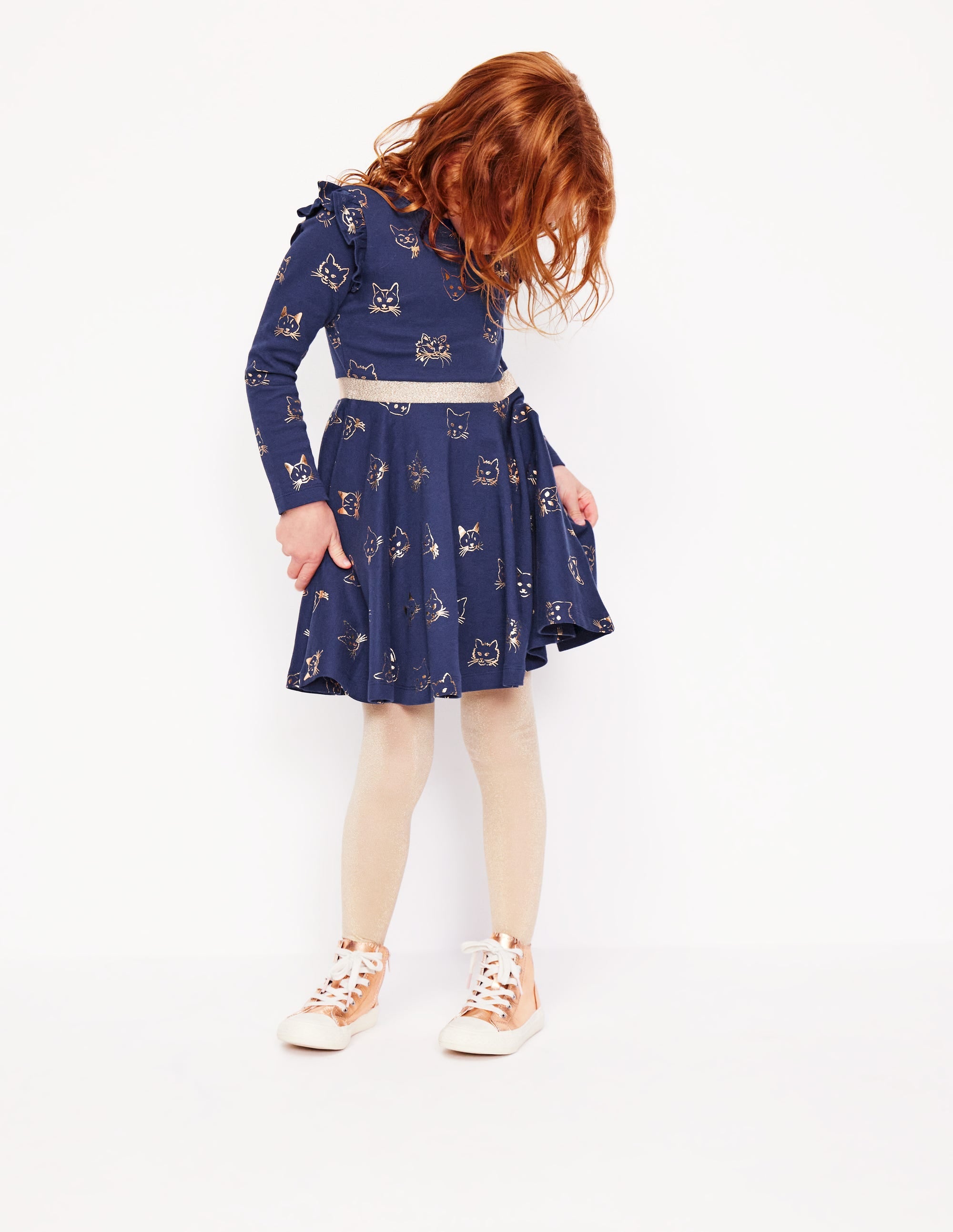 Mabel Ballerinakleid mit Tellerrock-Schuluniform-Marineblau Goldfolien-Katzen - Image 1